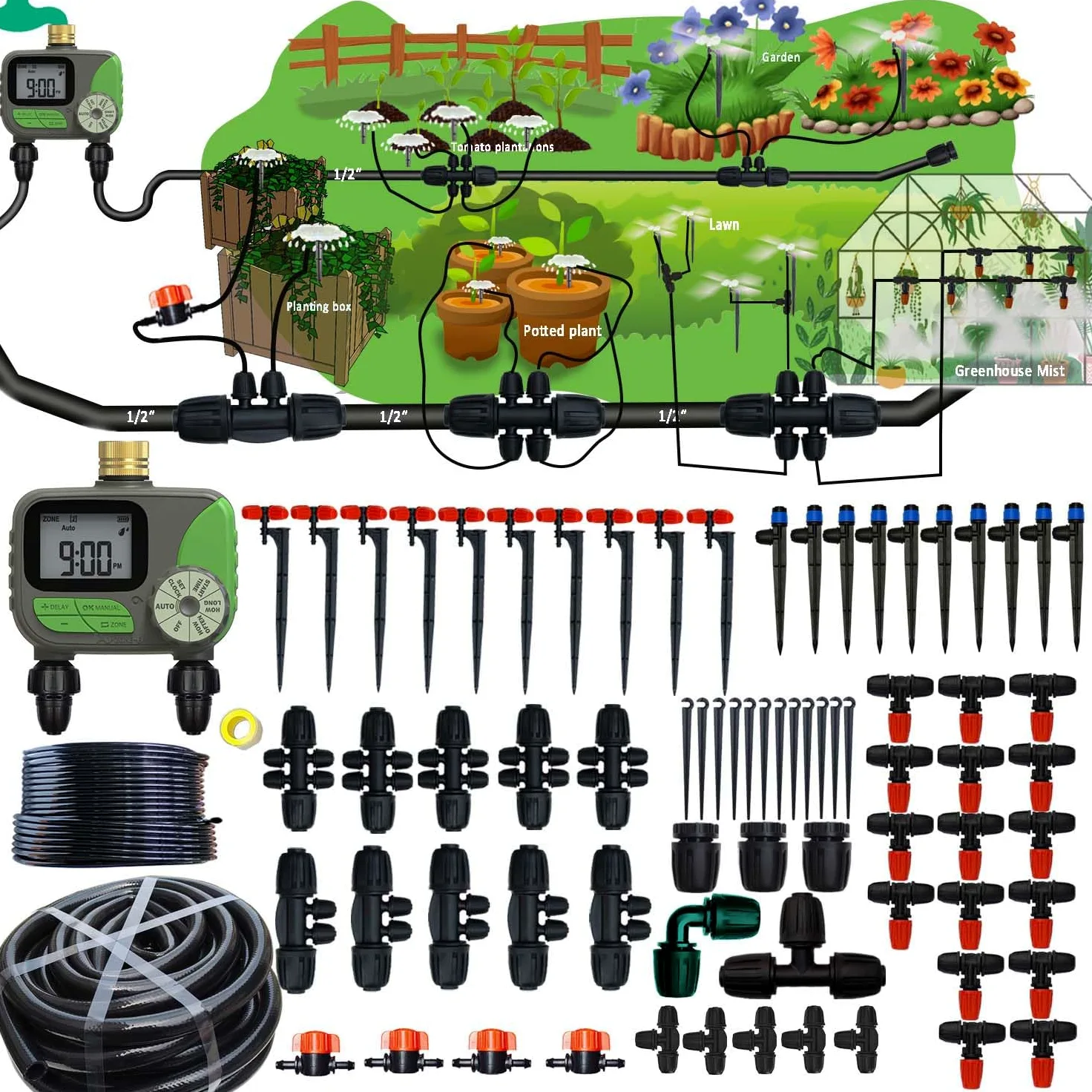 Système d'irrigation goutte à goutte pour jardin avec minuterie d'eau, ID principal 1,27 cm, 10,6 m et tuyau d'eau de 0,6 cm, double système d'arrosage pression suffisante, débit d'eau uniformément