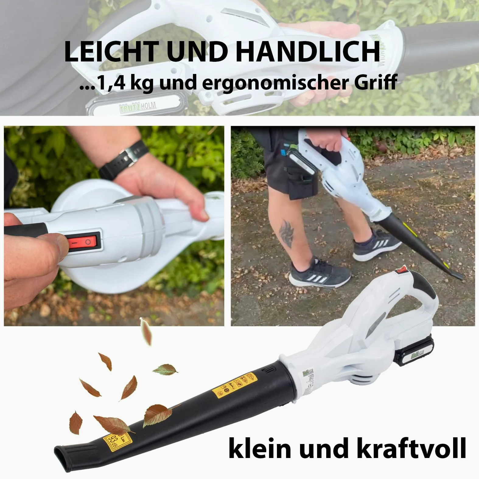 TRUTZHOLM Souffleur à feuilles sans fil 20 V avec batterie de 2000 mAh et chargeur – Souffleur de feuilles sans fil, léger de 1,4 kg avec 90 cm de longueur, 40 min d'autonomie, poignée ergonomique et