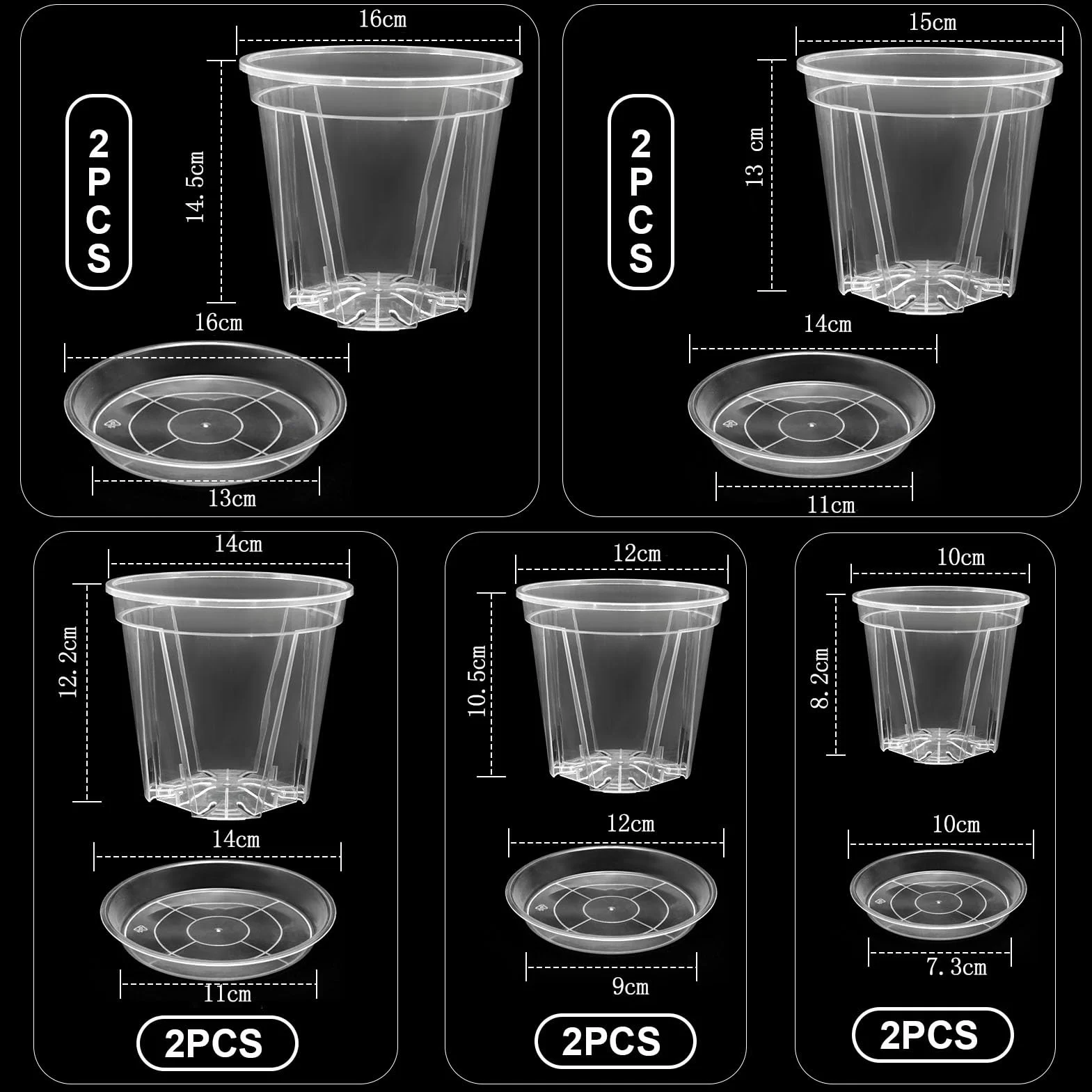 Pots Transparents avec Trou de Drainage, 10-16 cm, Renforcés avec Soucoupe, Pack Variété Plastique pour Semis