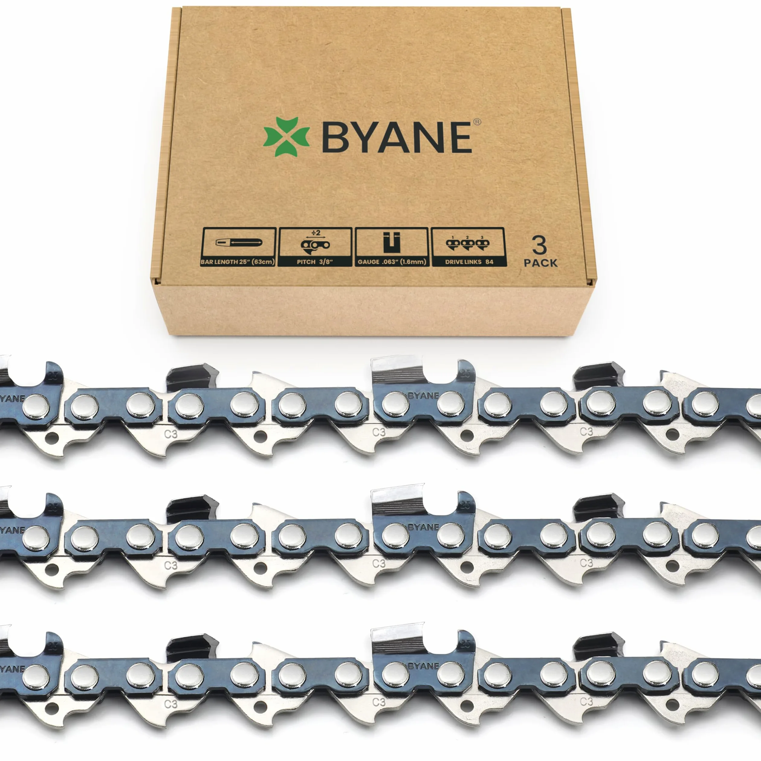 BYANE Lot de 3 chaînes 63 cm (25") 3/8" 1,6 mm 84 maillons | Compatible avec Stihl 026, 036, MS361, MS440, MS660 et autres modèles adaptés