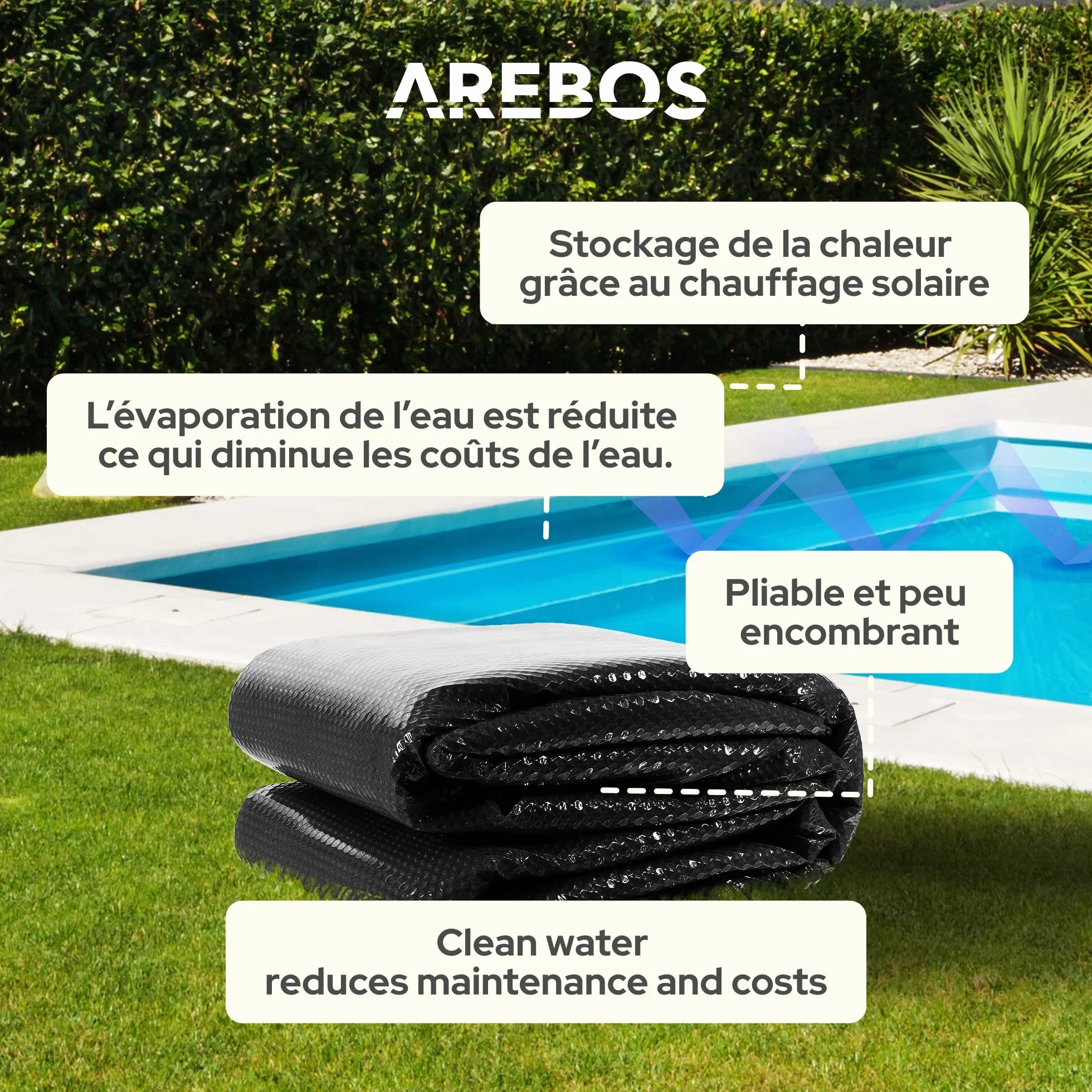 Arebos Bâche Solaire de Piscine 3 x 2 m Noire 120 µm Couverture Thermique