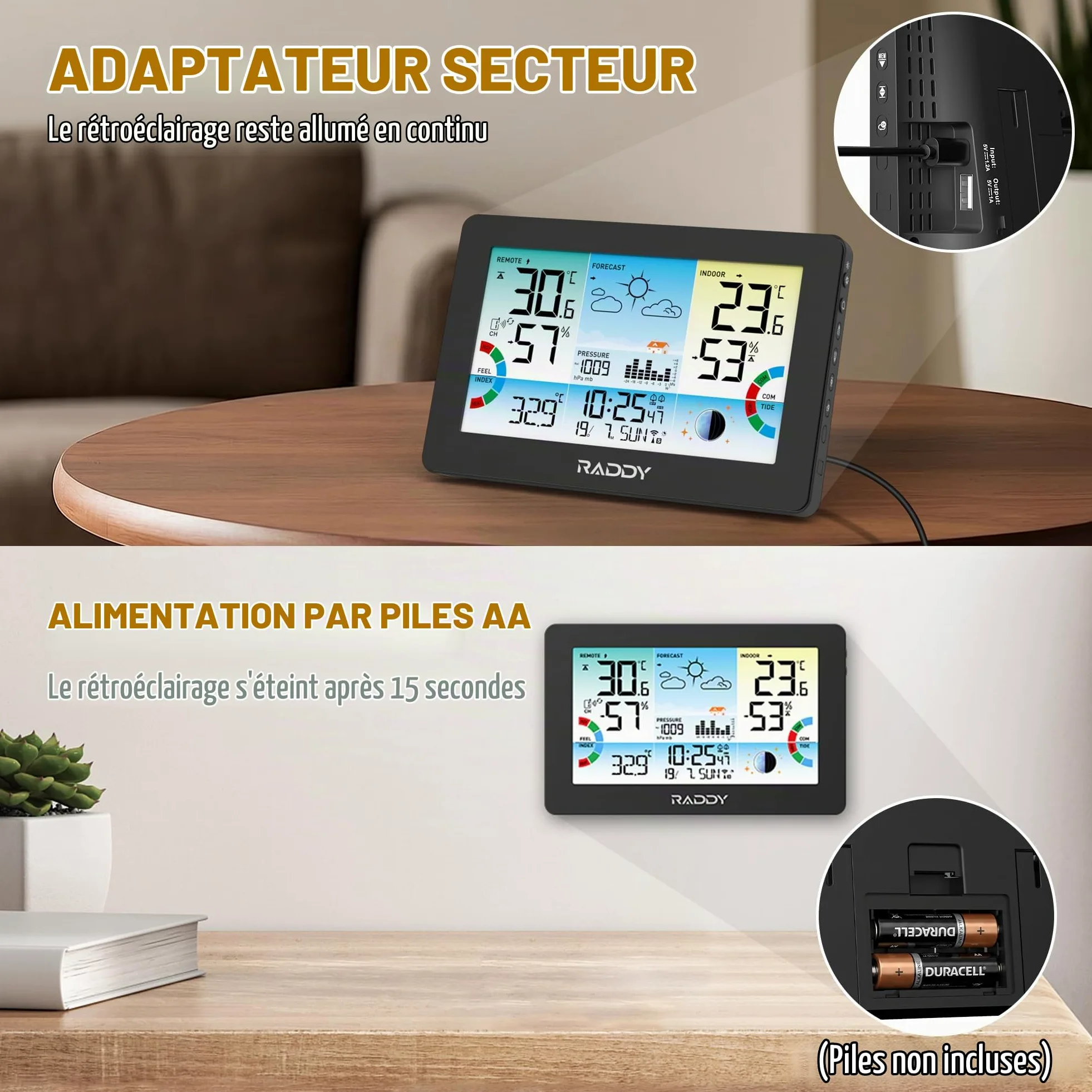 Raddy HW75 Station Météo Sans Fil Intérieur Extérieur, Écran Couleur 7,5", Thermomètre Hygromètre avec Pression Barométrique, Horloge Atomique, Indice de Chaleur, Point de Rosée, Phase Lunaire, Jardin