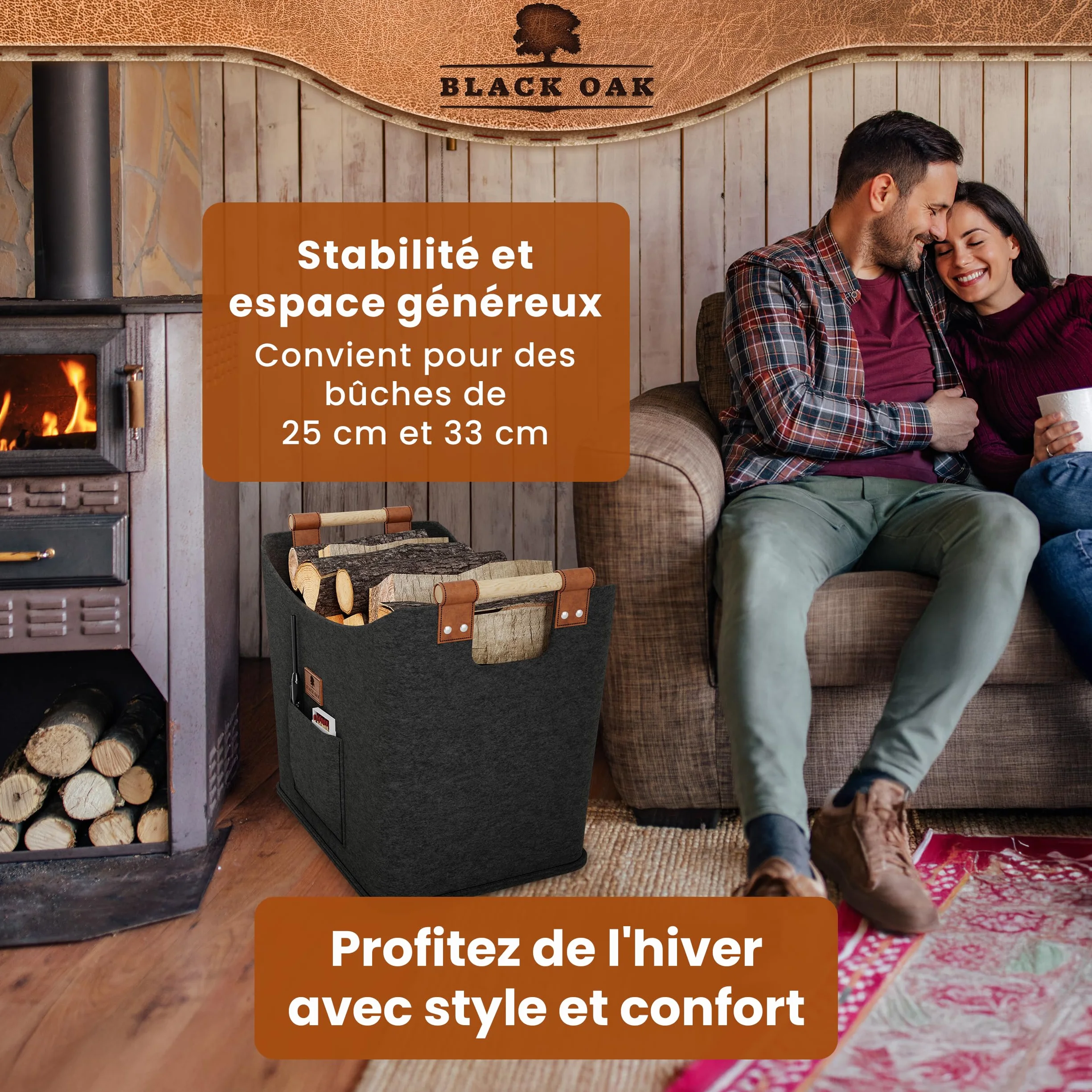 BLACK OAK Montana XL Panier en feutre et bois pour bois de chauffage, cuir véritable, poignées larges, poche avant extra grande, pliable