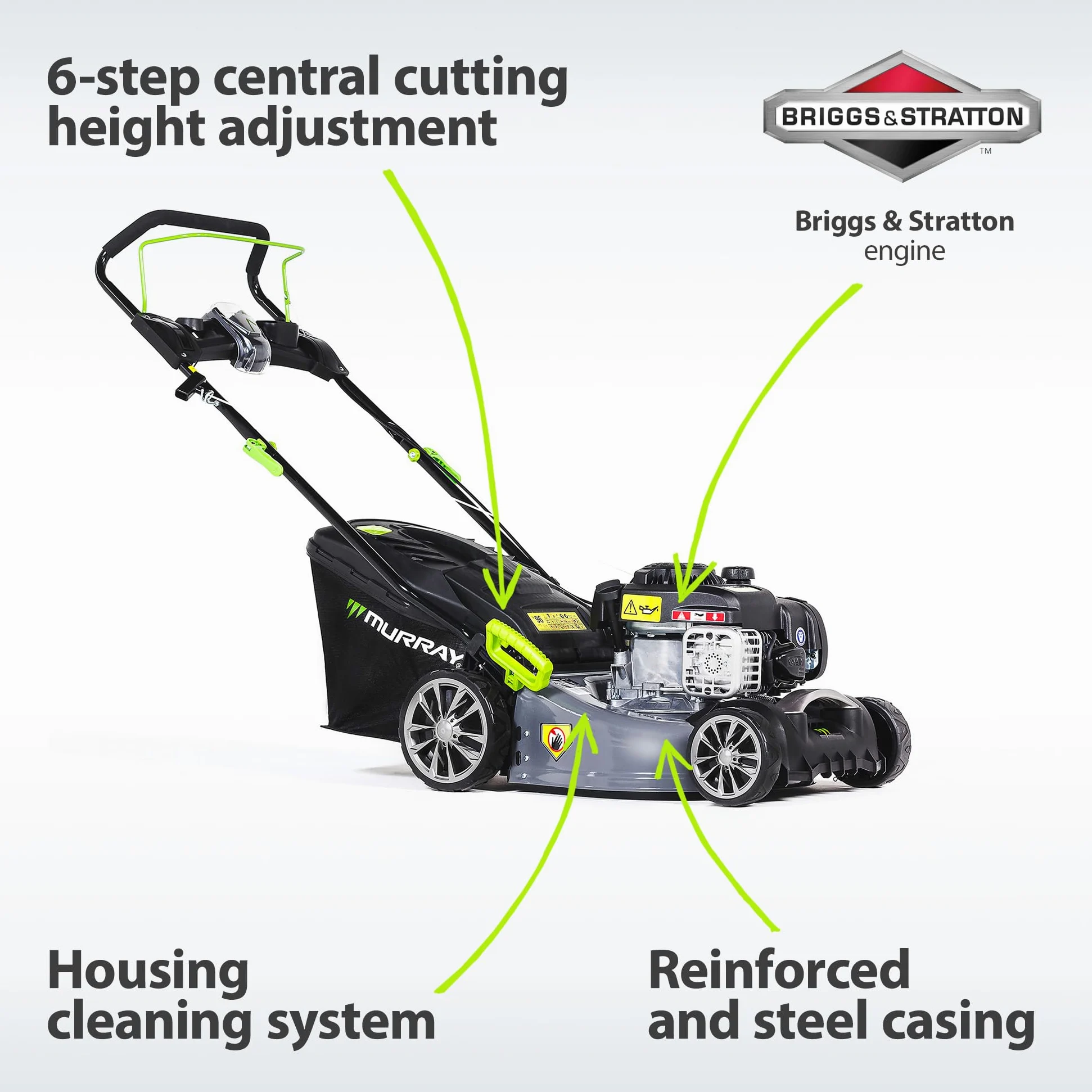 Murray Tondeuse Gazon Thermique "EQ2-300" - Tondeuse à Gazon Essence Poussée 2 en 1, 42cm - Bac à Gazon 45L pour Petites et Moyennes Pelouses - Tondeuse Thermique avec Moteur Briggs & Stratton