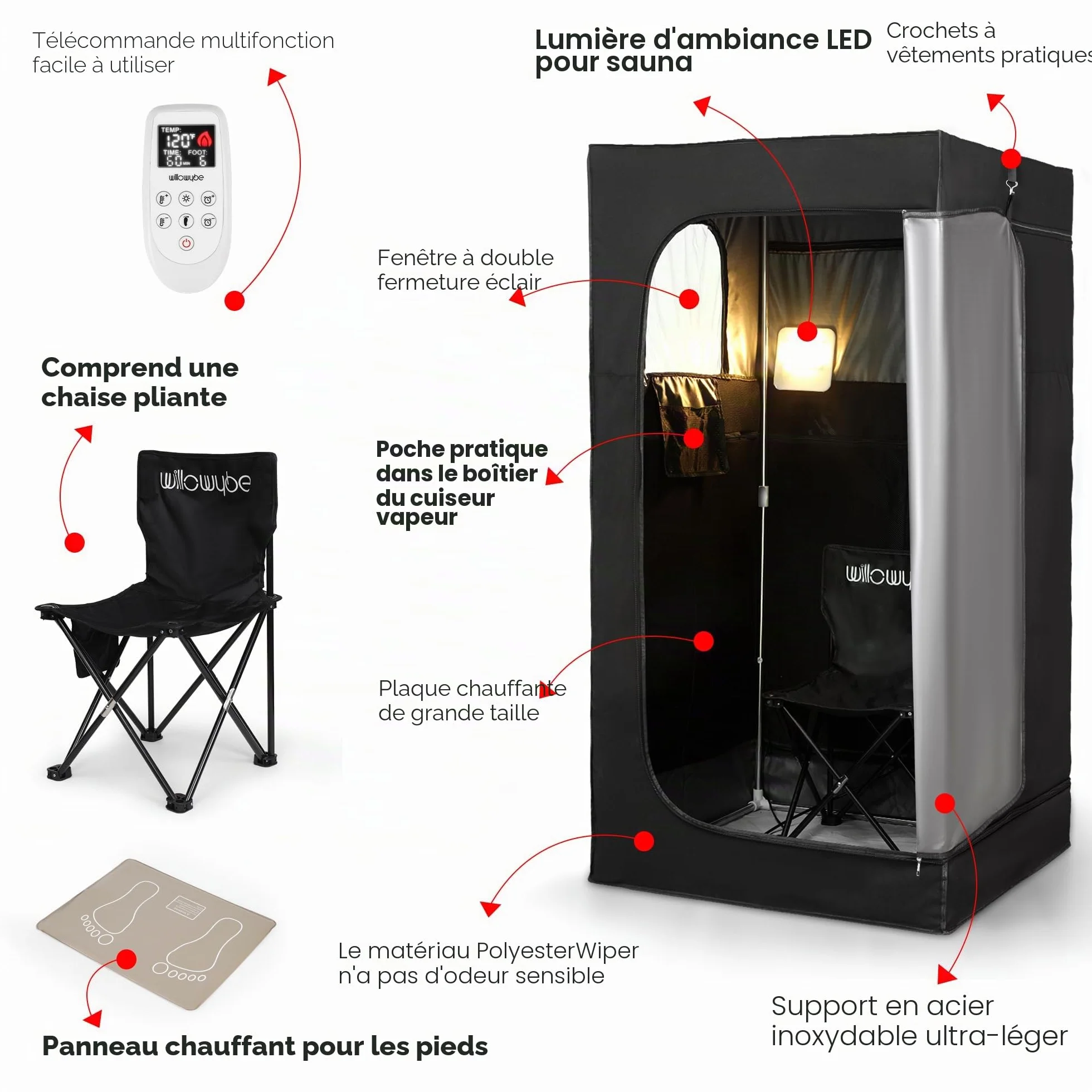 WILLOWYBE Sauna Infrarouge Portable avec 6 Plaques Chauffantes, Coussin Chauffant Pieds et Lumière LED