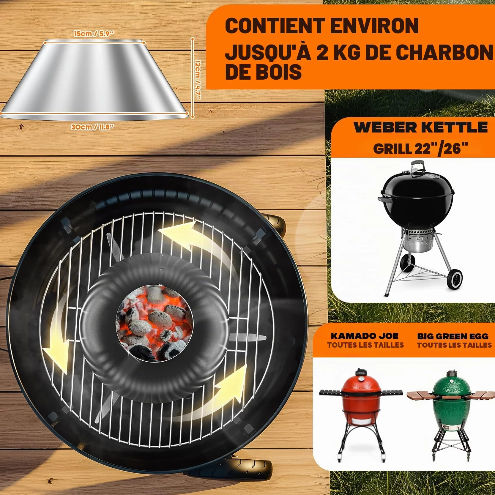 Onlyfire Panier à Charbon INOX pour Weber Kamado Joe Big Green Egg Char-Basket Vortex 57 67 cm Barbecue Fumoir