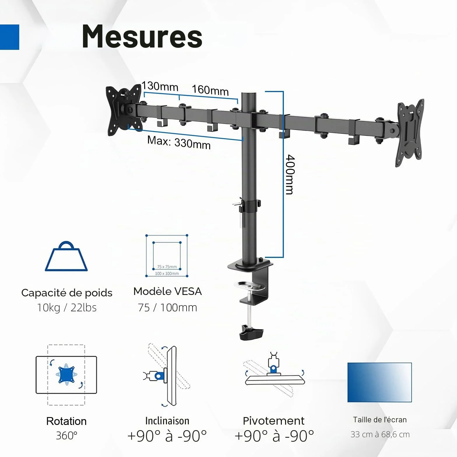 GRIFEMA Support Double Ecran PC 13-27 Pouces Bras Réglable Hauteur Inclinaison 90° Rotation 360° Poids 10KG VESA 75/100 MM Noir