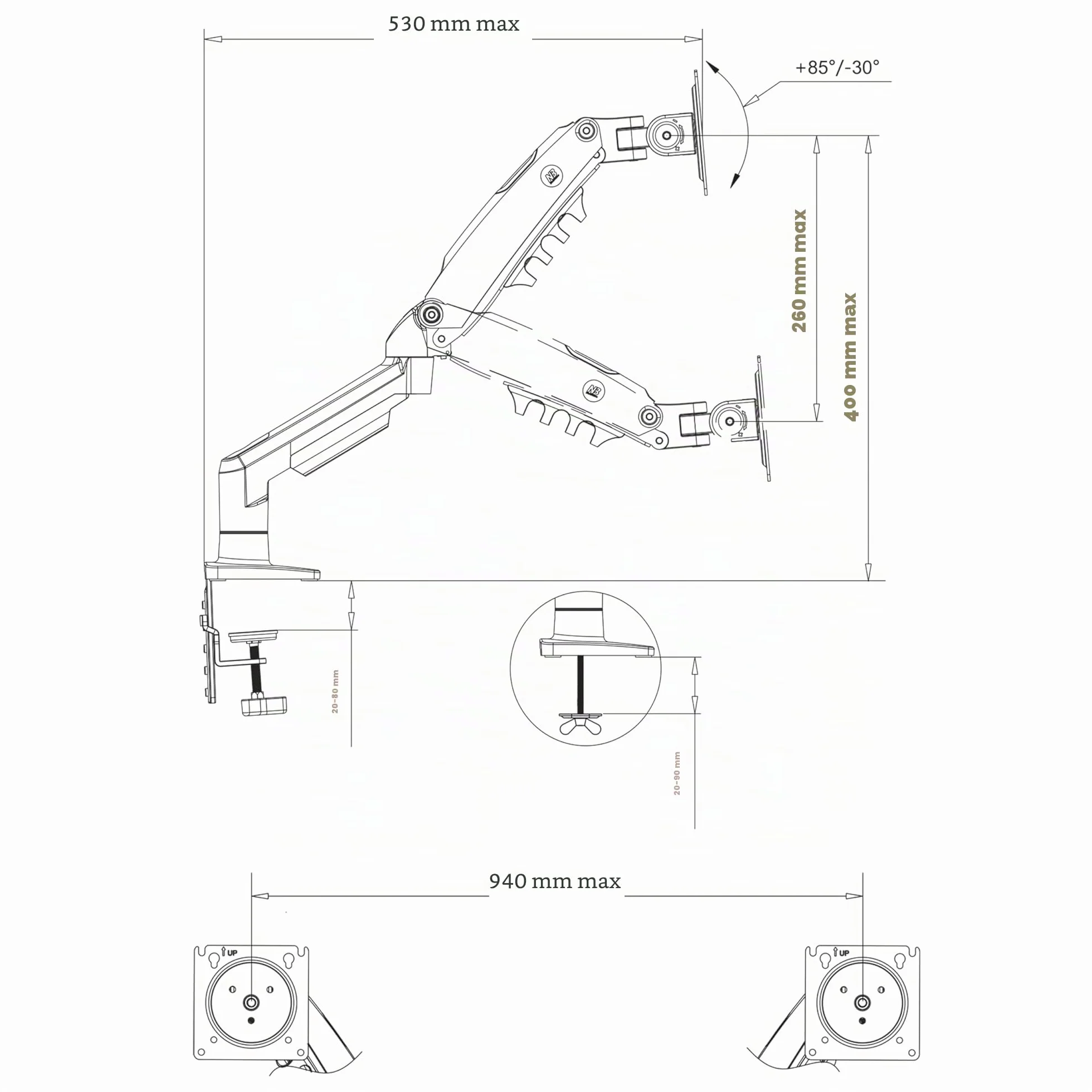 Support de Bureau pour 2 écrans PC LCD LED 17"-27" réglage Plusieurs Axes Pivot Ressort à gaz 2x9 kg