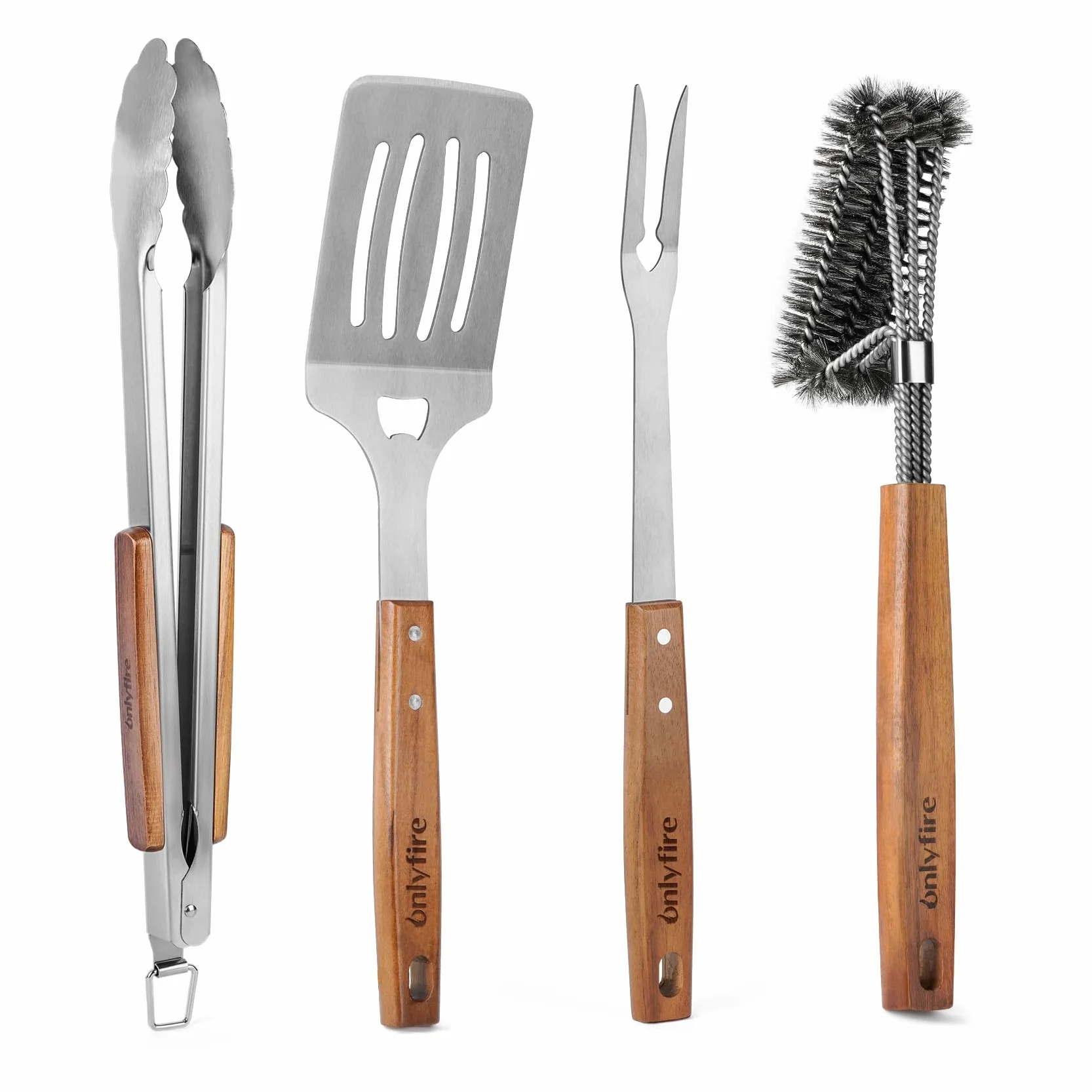 Onlyfire Set de Ustensiles pour Barbecue en Acier Inoxydable, 4 Pièces avec Poignées en Bois