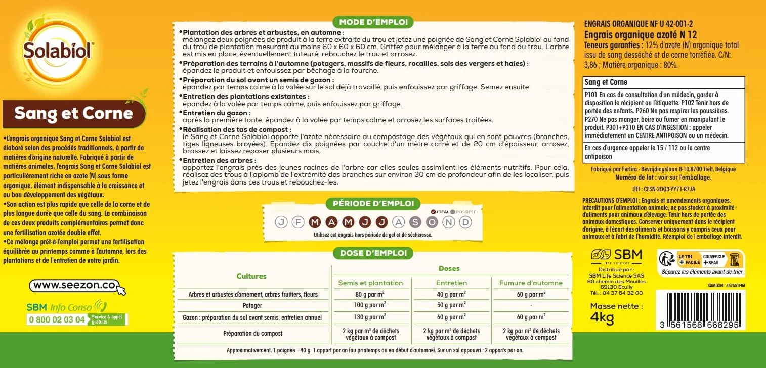 SOLABIOL Engrais Sang Et Corne 4Kg Jusqu'à 100m² Effet Rapide Longue Durée Agriculture Biologique