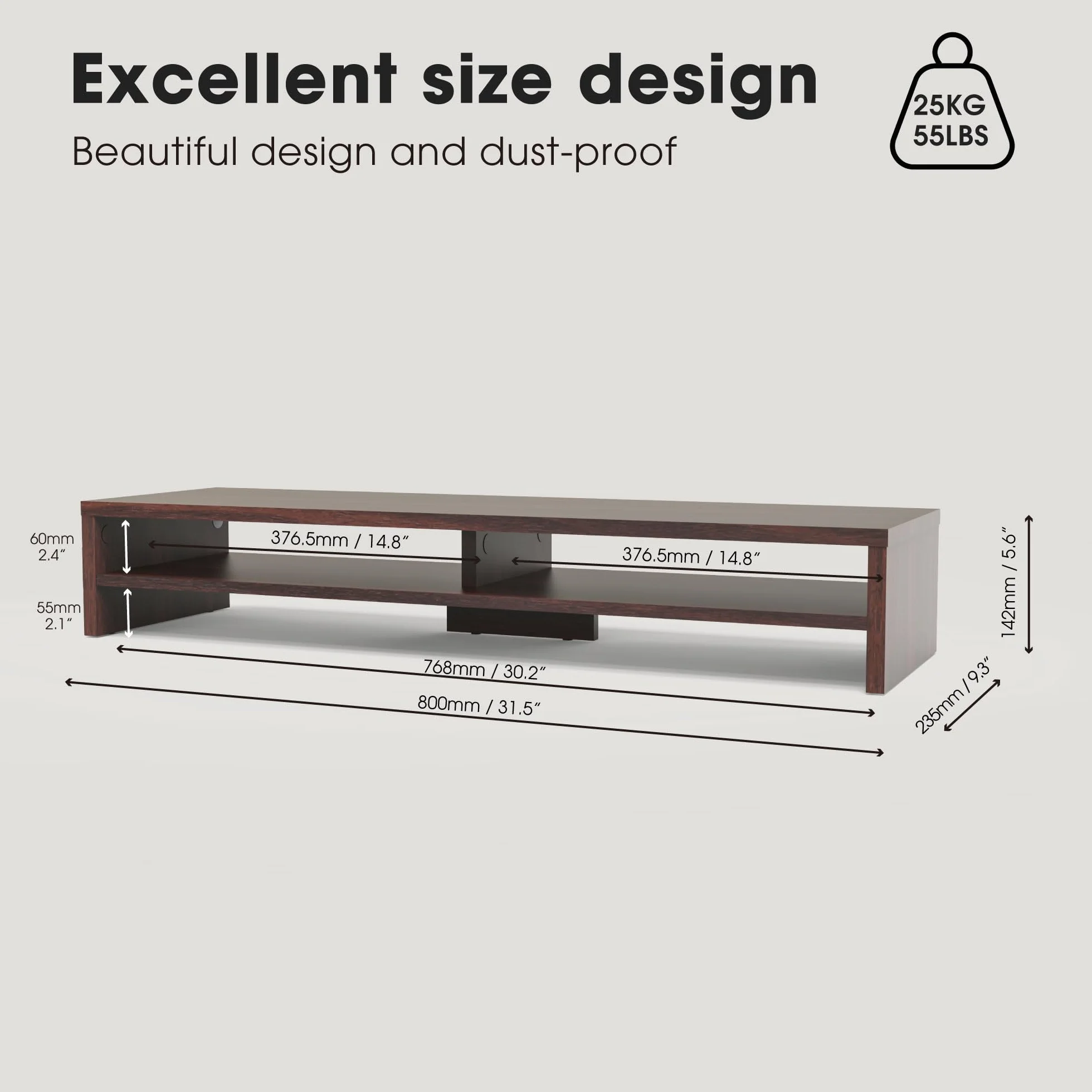 Fenge Réhausseur d'Écran d'Ordinateur Support Dual Moniteurs Organisateur de Bureau 80×23.5×14.2cm Charge 25KG Marron