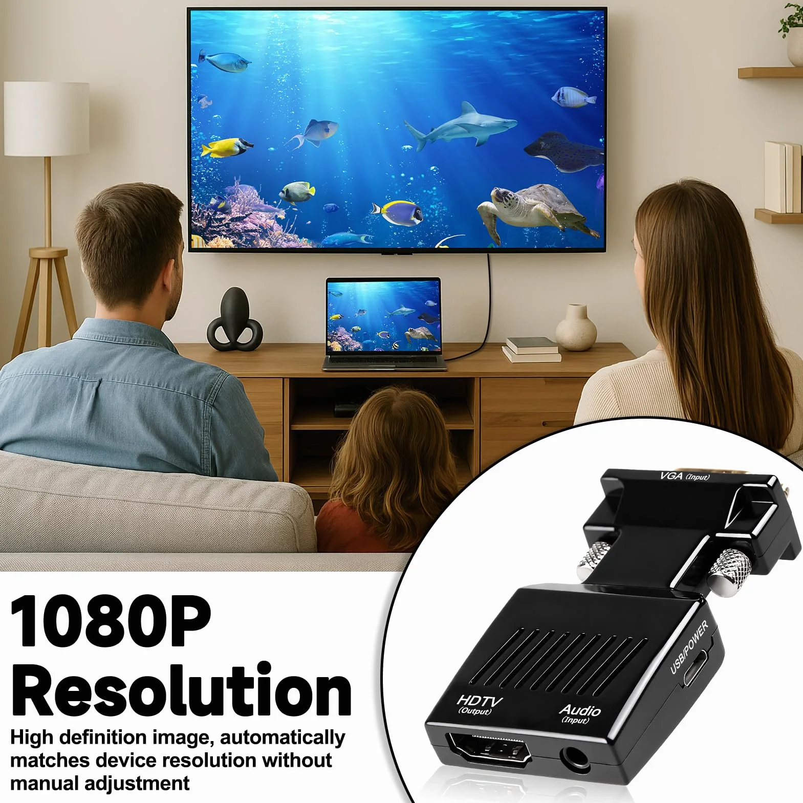 Adaptateur VGA vers HDMI 1080P Convertisseur Mâle vers Femelle 60Hz avec Câble 3,5 mm et Alimentation pour PC vers TV