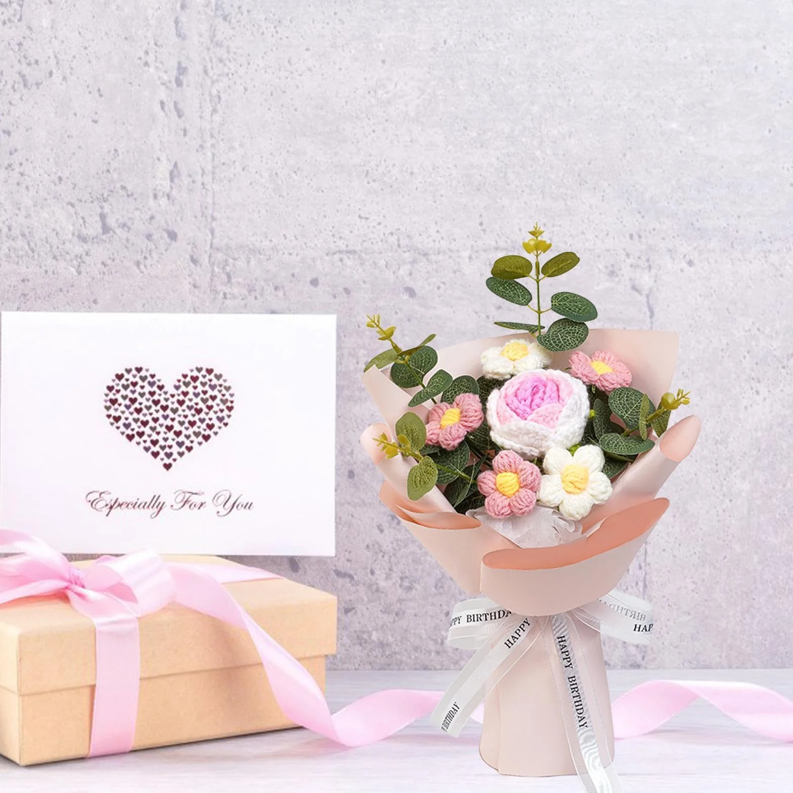 Qianly Rose au Crochet, Fleur Tricotée, Cadeau Saint-Valentin Anniversaire