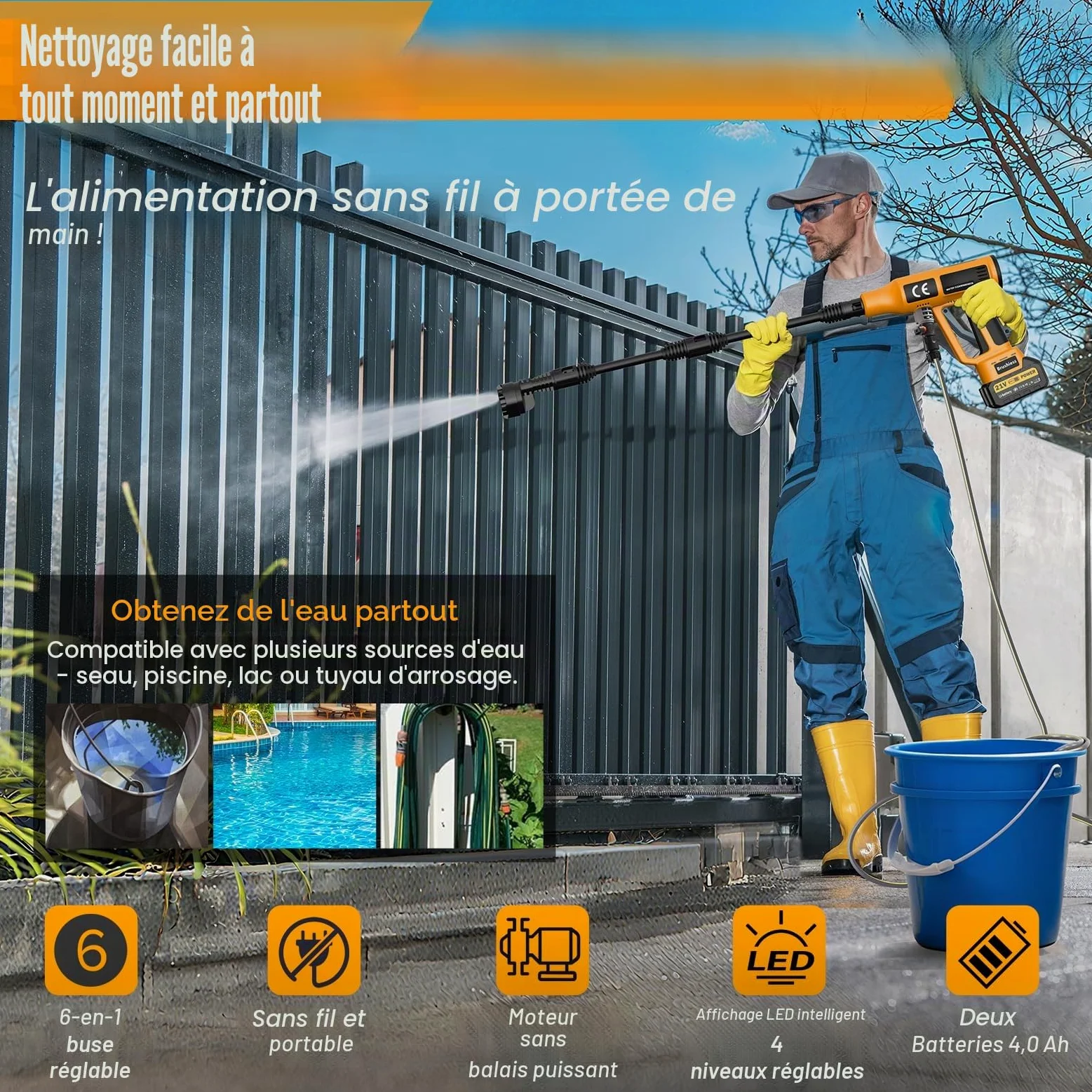 Nettoyeur Haute Pression sans Fil,Mode 4 Vitesses,200Bar Nettoyeur Haute Pression Portable avec 2×4.0Ah Batteries,6-en-1 Multi-Usage Buse,Tuyau de 5M,Pistolet de Lavage pour Voiture,Sol,Mur,Clôture