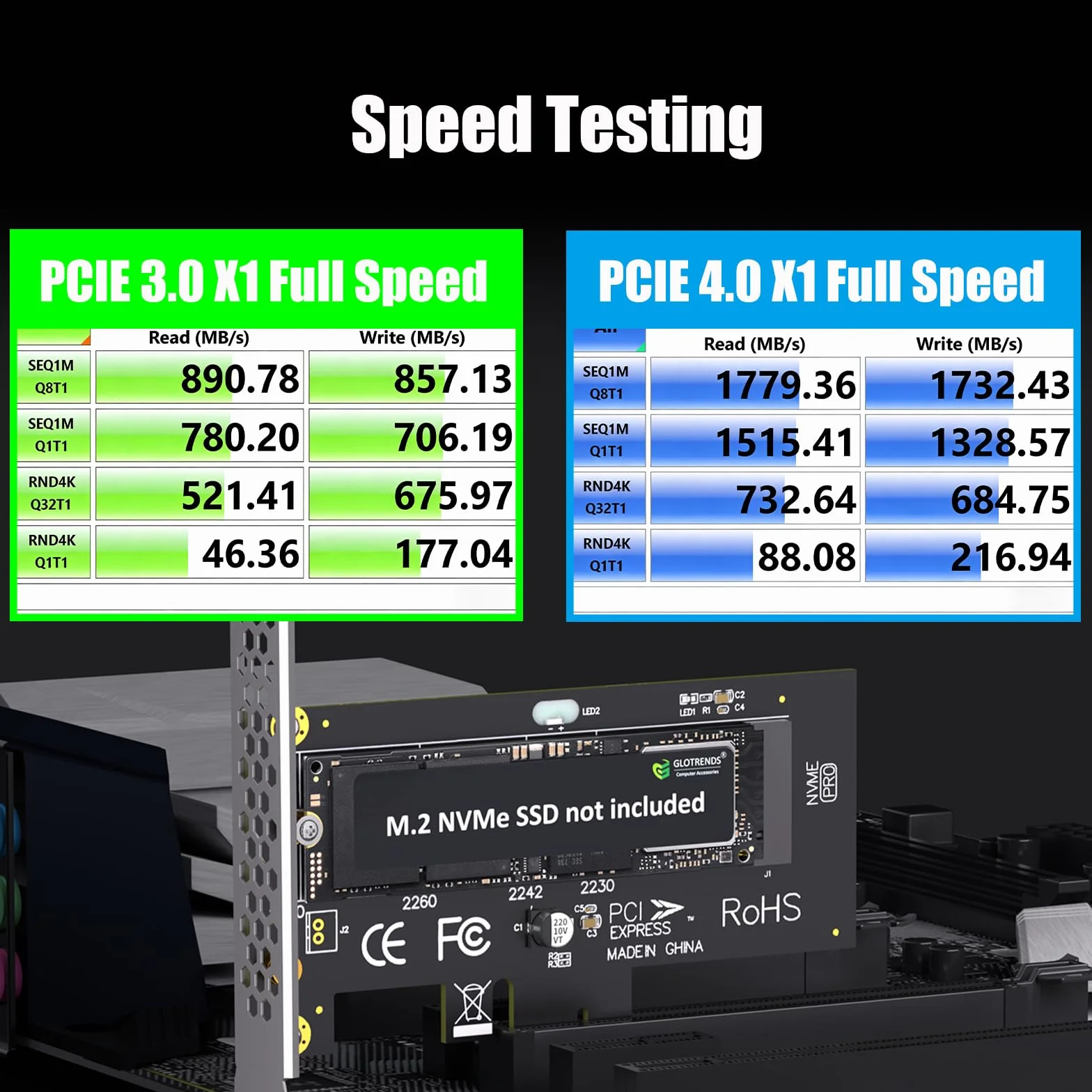GLOTRENDS PA09-X1 Adaptateur M.2 NVMe vers PCIe X1 pour SSD 2230/2242/2260/2280