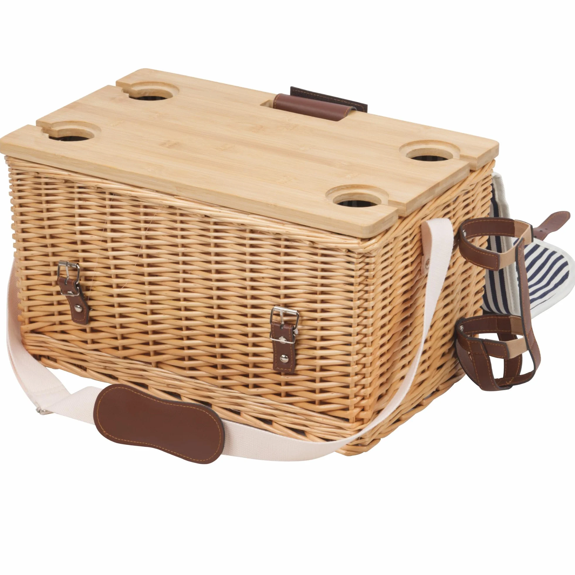 CampFeuer Panier de pique-nique pour 4 personnes avec ensemble de vaisselle et table de service - 25 pièces - Valise de pique-nique avec motif intérieur rayé - Panier en osier avec sangles en cuir