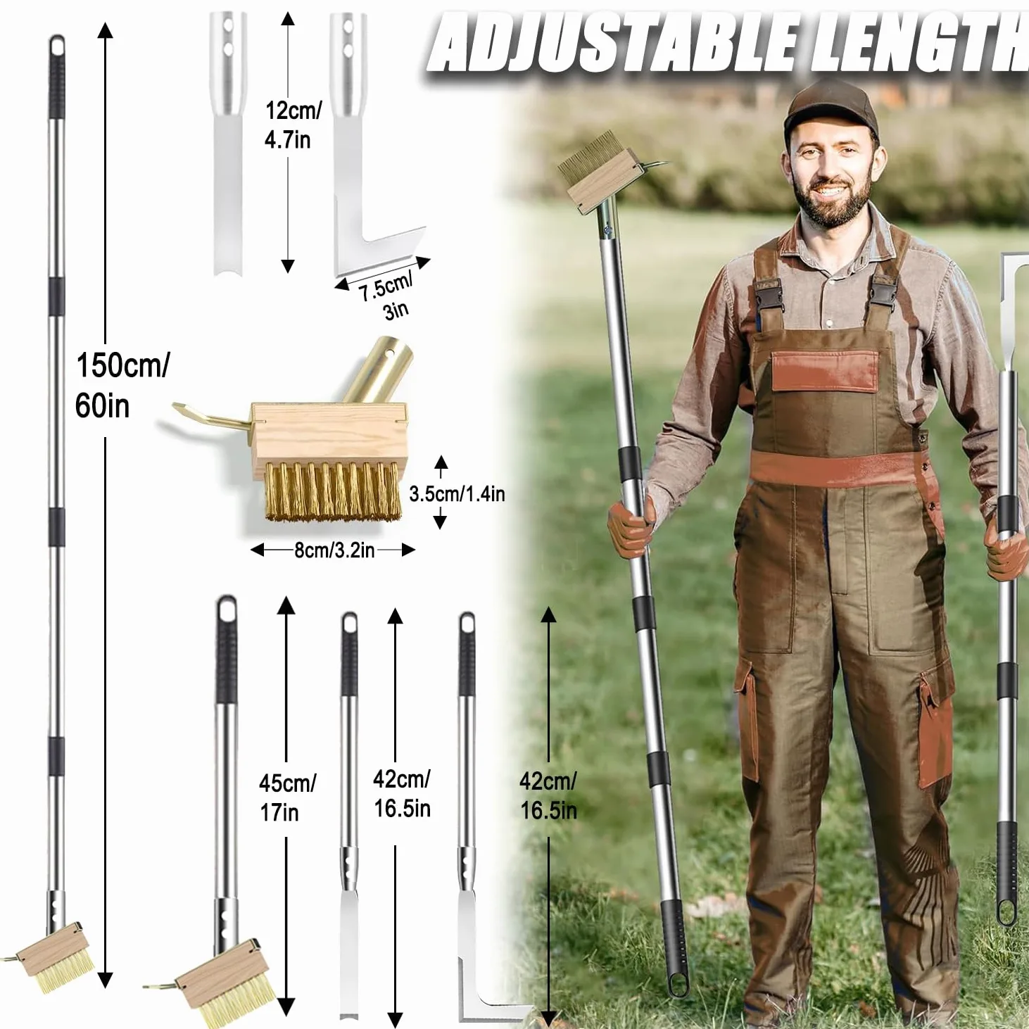Outil de désherbage de terrasse de 152,4 cm avec long manche, grattoir et brosse métallique 3 en 1, outil de désherbage pour enlever les mauvaises herbes et la mousse, différents outils pour patio