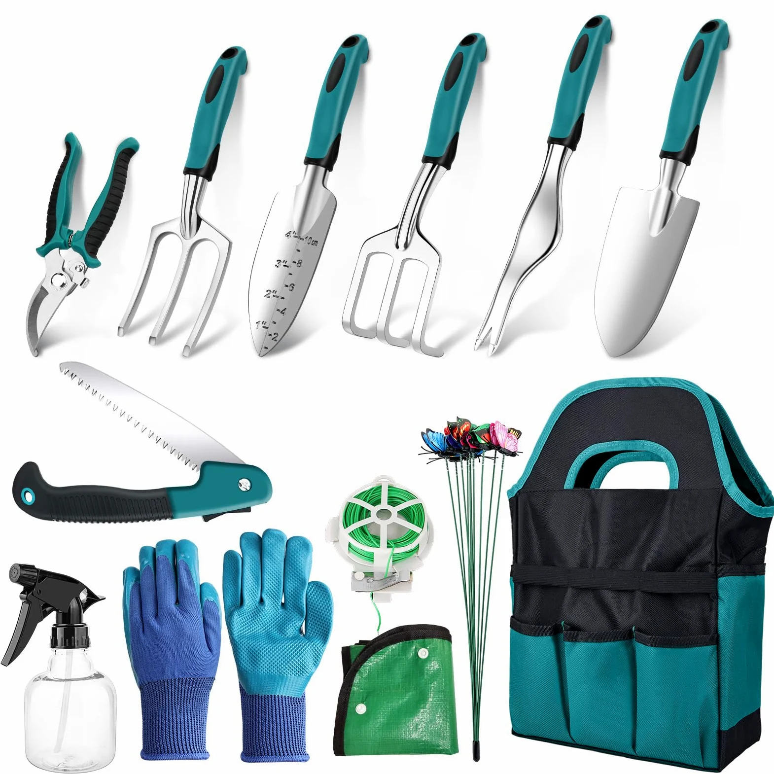 Lot de 22 outils de jardinage | Outils de jardin avec organiseur d'outils de jardin, sac à main, kit cadeau de jardin idéal pour les femmes et les hommes