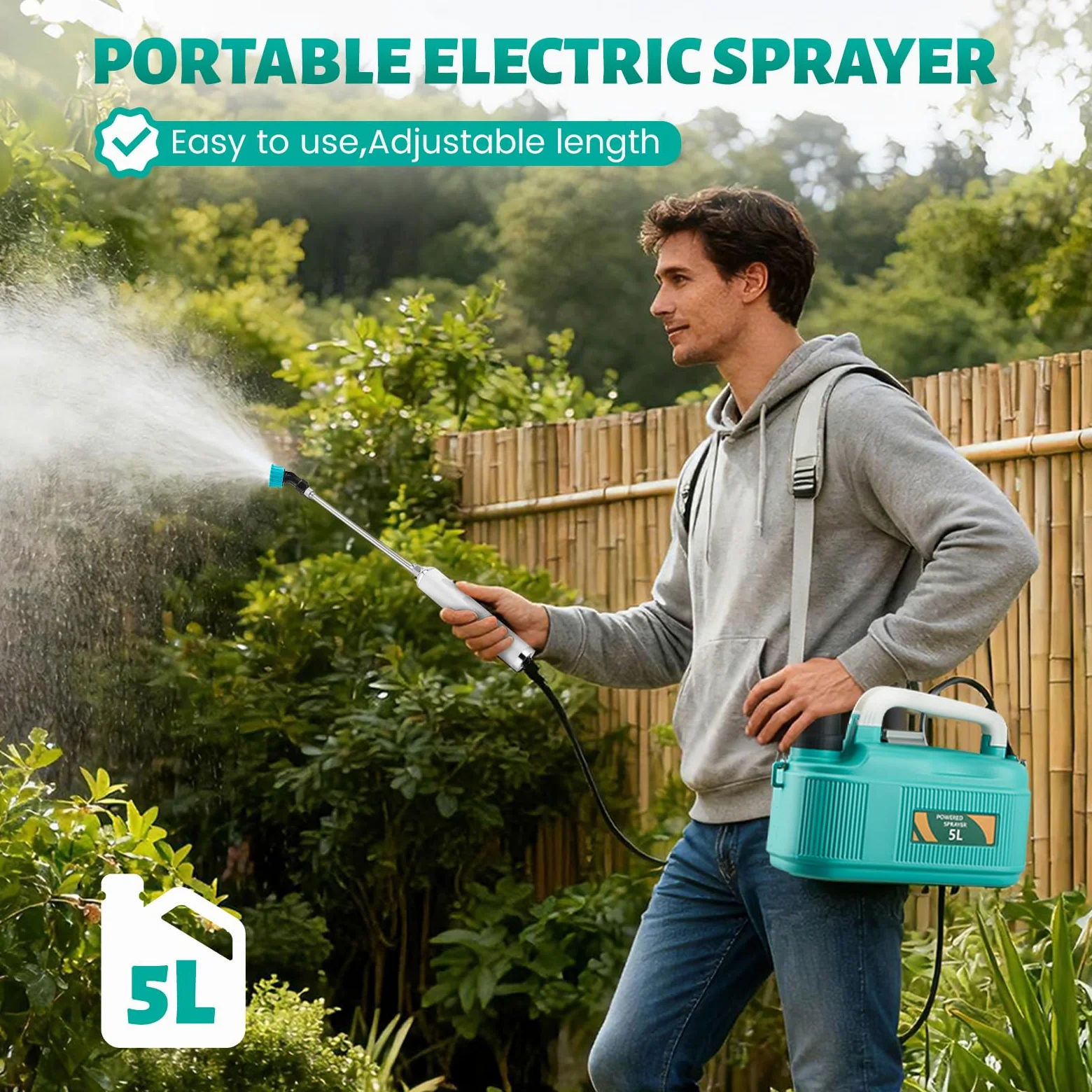Pulvérisateur Électrique 5L sur Batterie - Atomiseur Jardin avec 3 Buses Réglables & Batterie 4000mAh - Télescopique USB Rechargeable pour Désherbant et Engrais