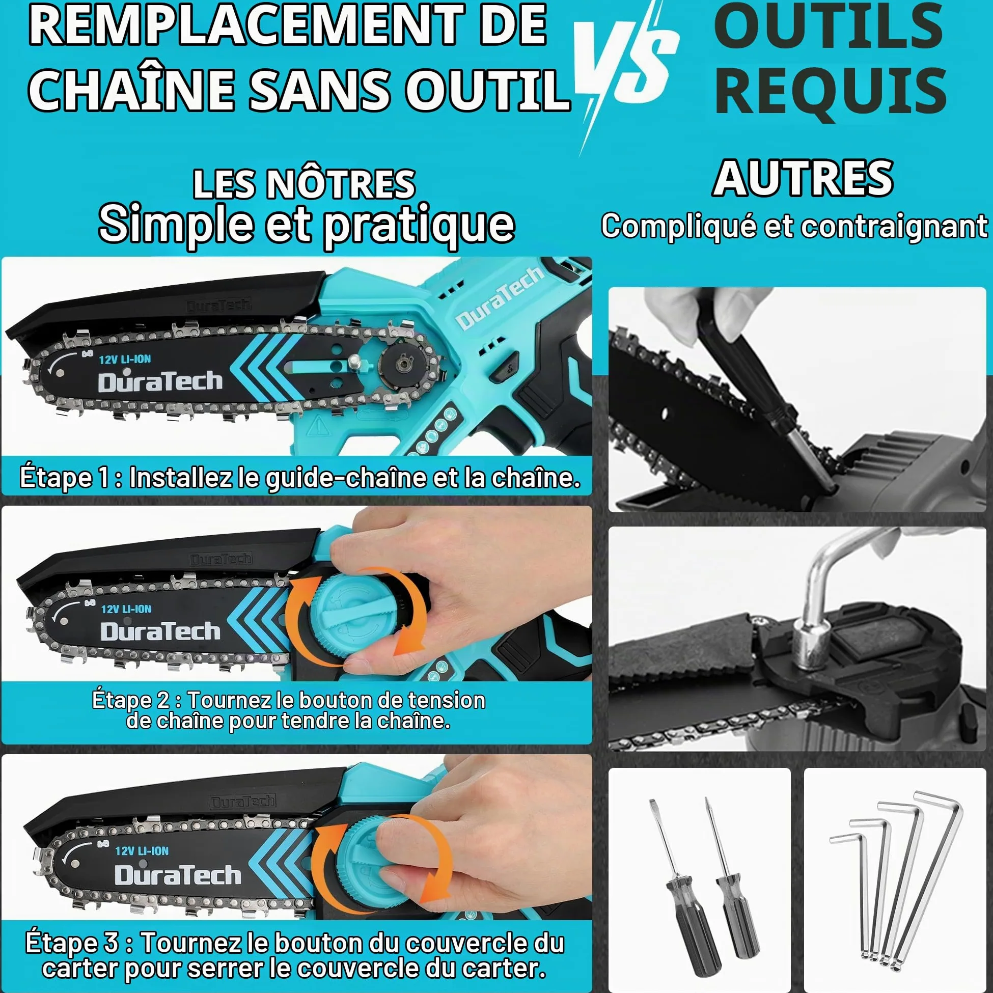 DURATECH Mini Tronçonneuse Sans Fil 12V, Scie Électrique 5 Pouces | 2 Batteries et 2 Chaînes, Idéale pour la Coupe du Bois et l'Élagage de Jardin