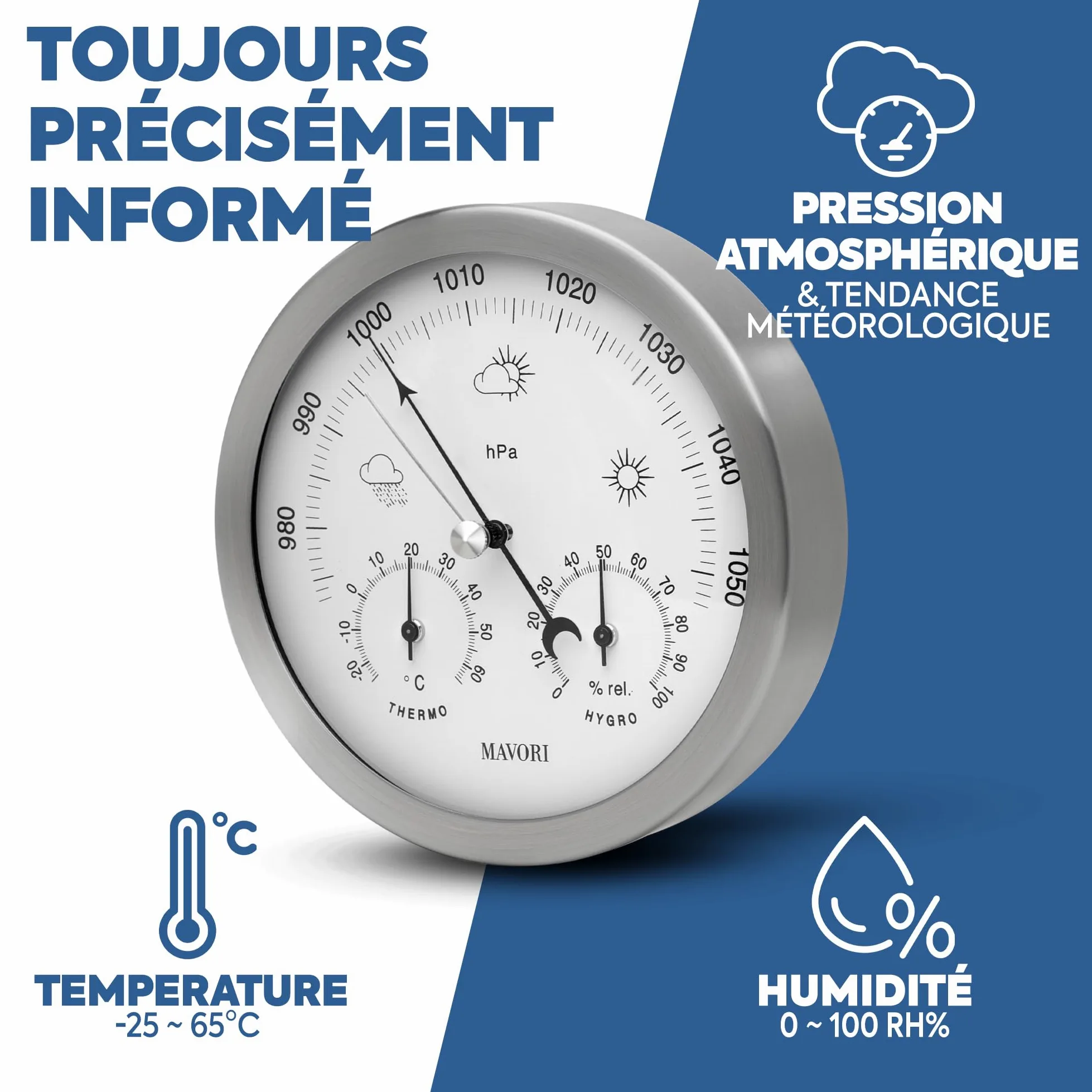 Station météo analogique - 3en1 baromètre, thermomètre & hygromètre pour intérieur et extérieur - Ø 13,5cm cadre en acier inoxydable avec verre acrylique au design moderne