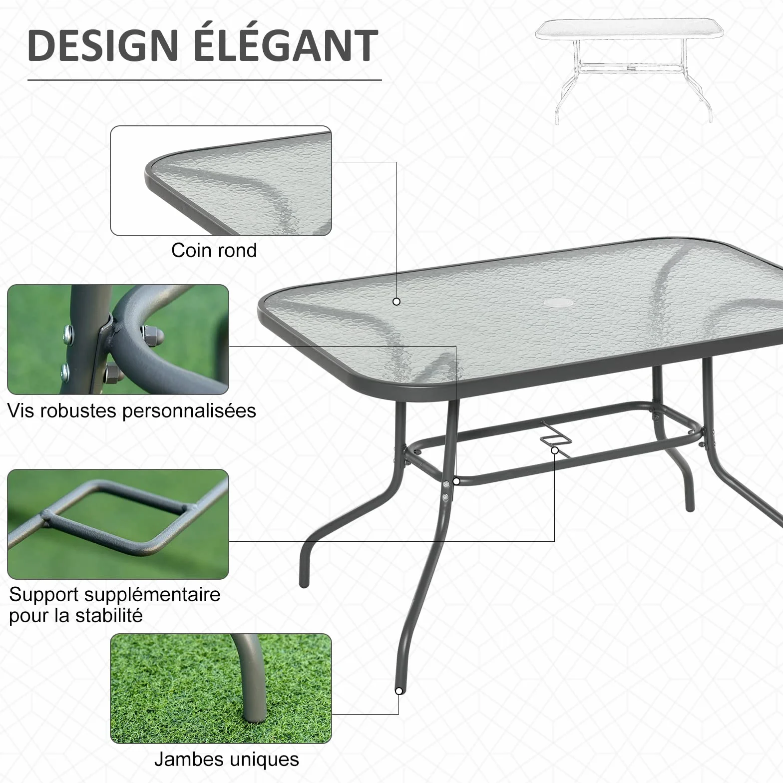 Outsunny Table de Jardin rectangulaire 120x80x70 cm métal époxy Gris Verre trempé