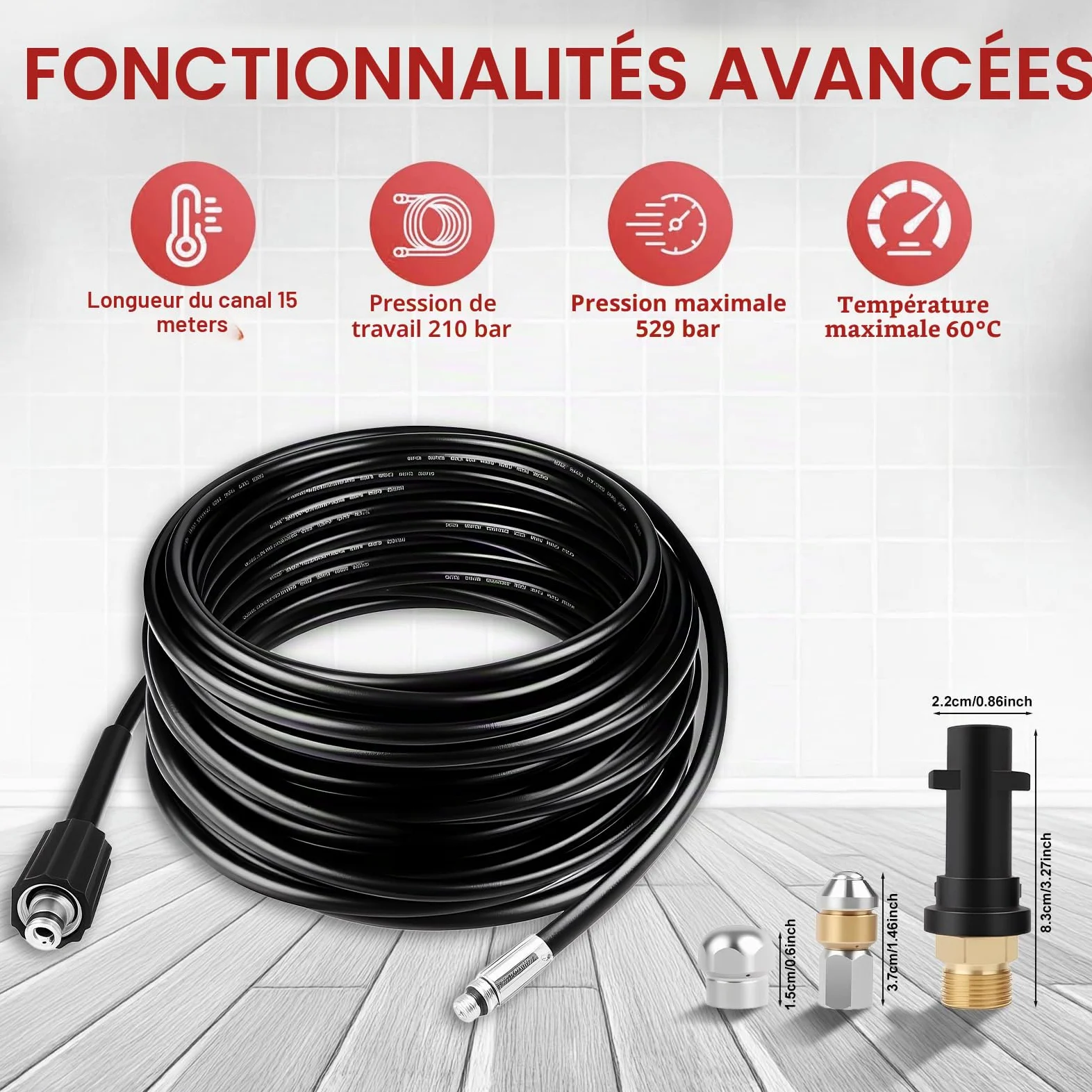 Tuyau de débouchage 15 m pour canalisation avec 3 adaptateurs et 2 buses | Flexible haute pression pour Karcher et Lavor, nettoyeur anti-bouchon, adapté aux canalisations, conduits et évacuations