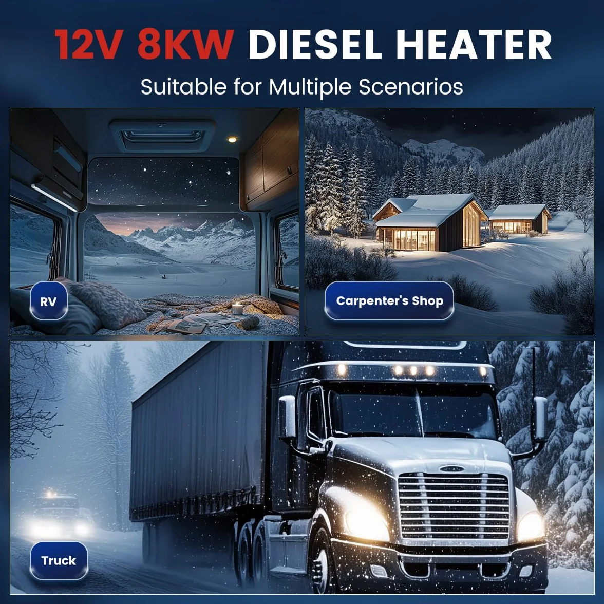 KROAK Chauffage diesel 12 V 8 kW avec télécommande écran LCD réservoir 10 L