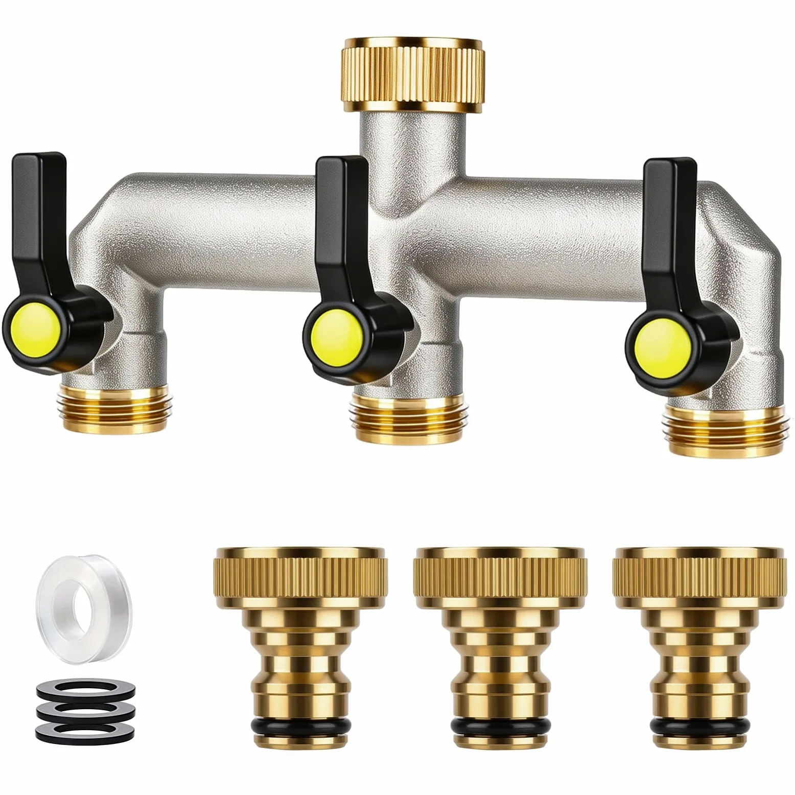 Répartiteur de Tuyau d'arrosage 3 Voies en Laiton avec Adaptateur | Adaptateur 3/4" vers 1/2", vannes à boisseau sphérique, levier allongé, jardin, maison, arrosage