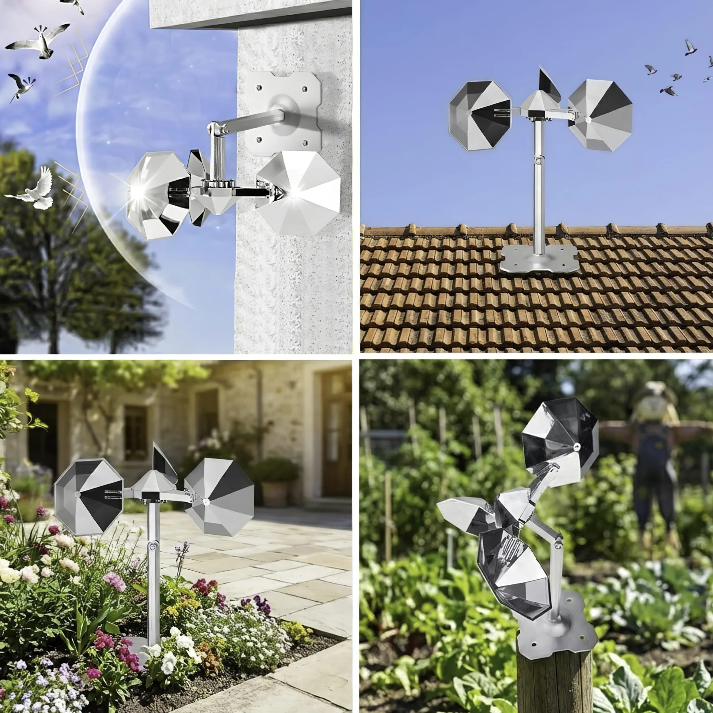 Dispositif réfléchissant pour oiseaux - Argenté - Éolienne - Pour l'extérieur - Empêche les pigeons et les mouettes de s'éloigner pour le jardin, la terrasse, la cour