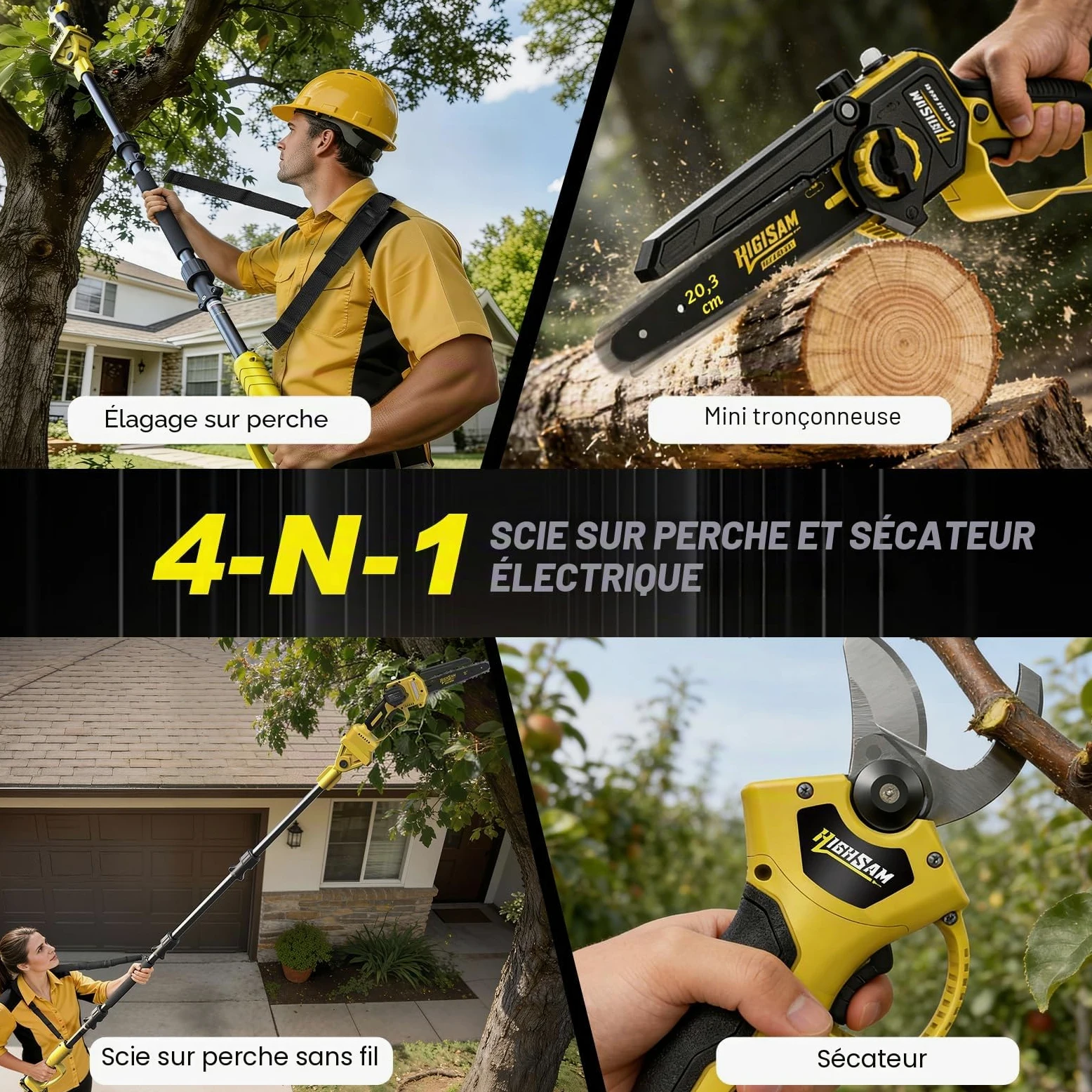 8 Pouces Mini Scie à Chaîne & Taille-Branches Sans Fil, 4-en-1 Outil Jardin Moteur Sans Balais, Tige Télescopique 4,2m, 2×4,0Ah Batteries, Scie à Chaîne, Taille Branches & Coupe Bois