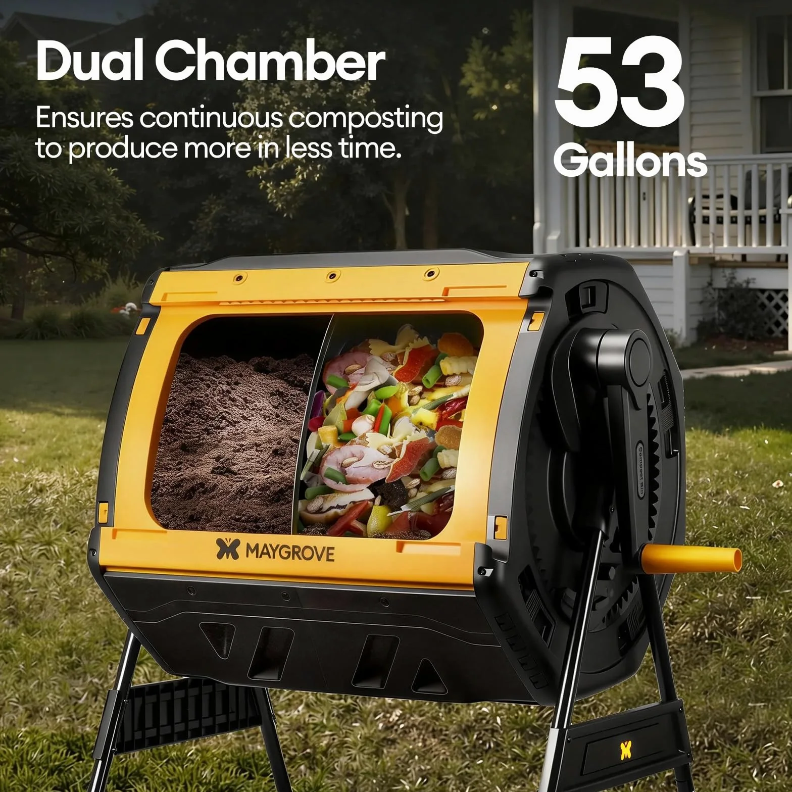 MAYGROVE Composteur 200L à 2 Compartiments Rotatif 360° Bac à Compost pour Jardin avec Portes Coulissantes Cadre en Acier Robuste