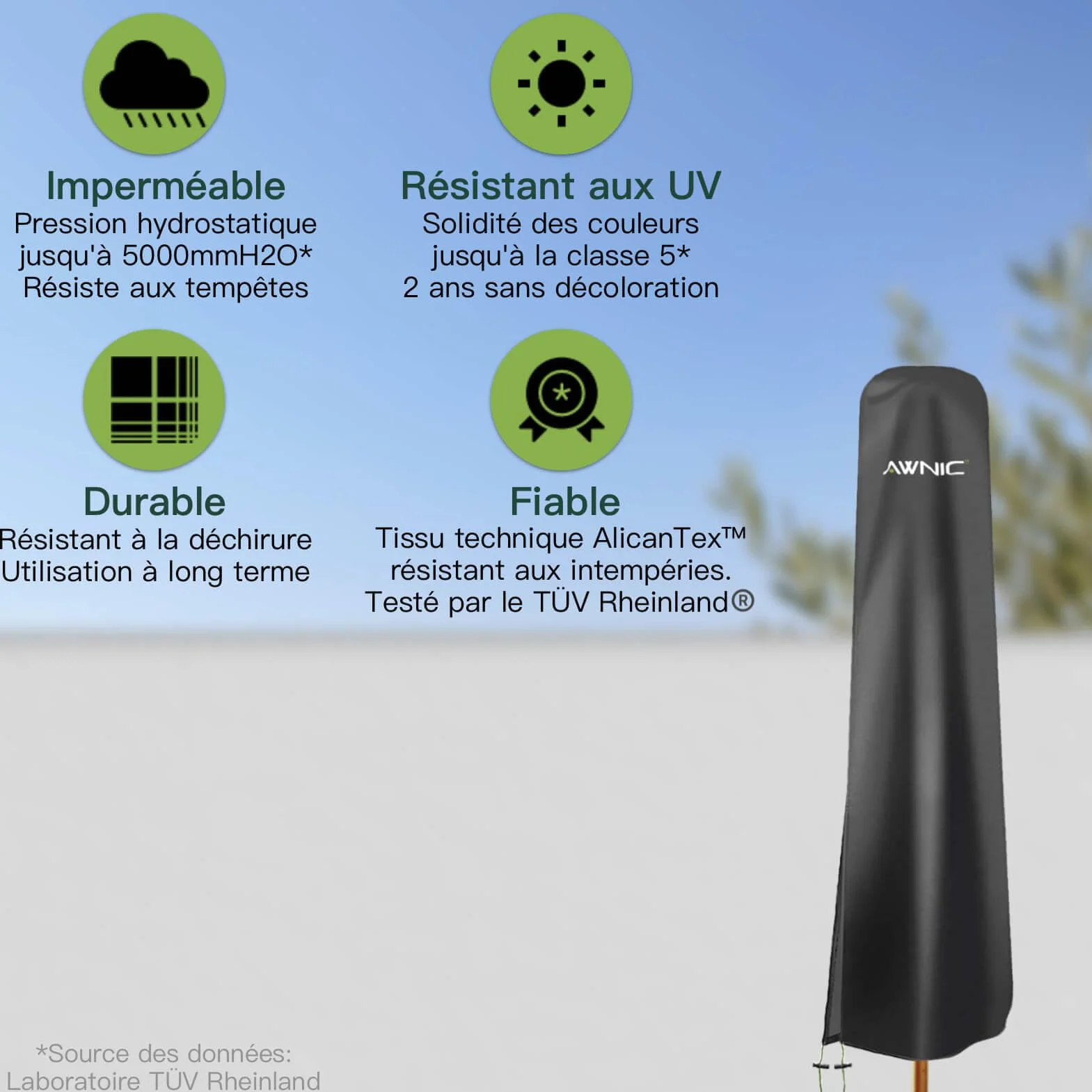 Awnic Housse de Parasol Imperméable 420D Oxford Anti-UV 3x3m Noir