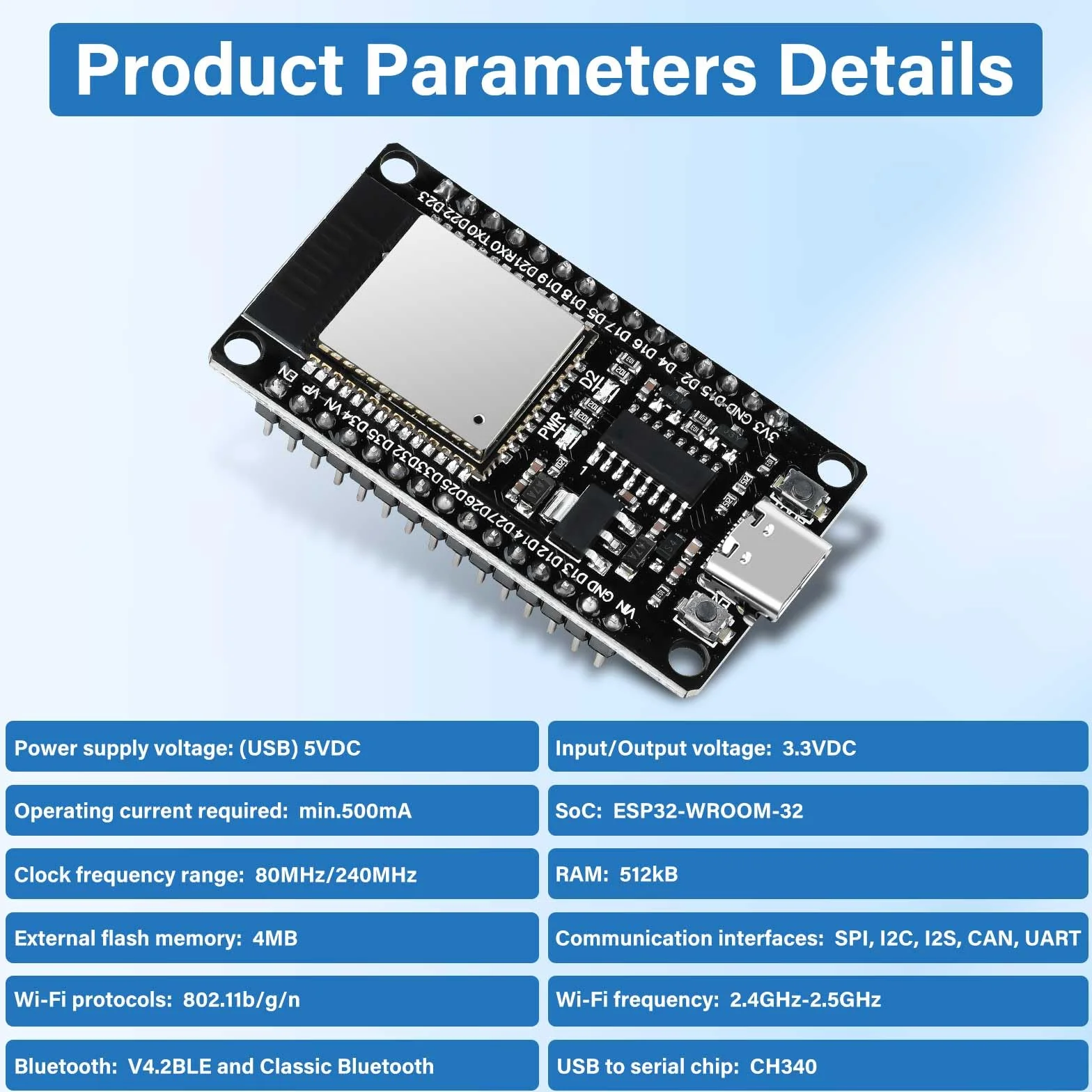Diymore ESP32 NodeMCU Carte de développement USB C 2.4 GHz WiFi Bluetooth CH340