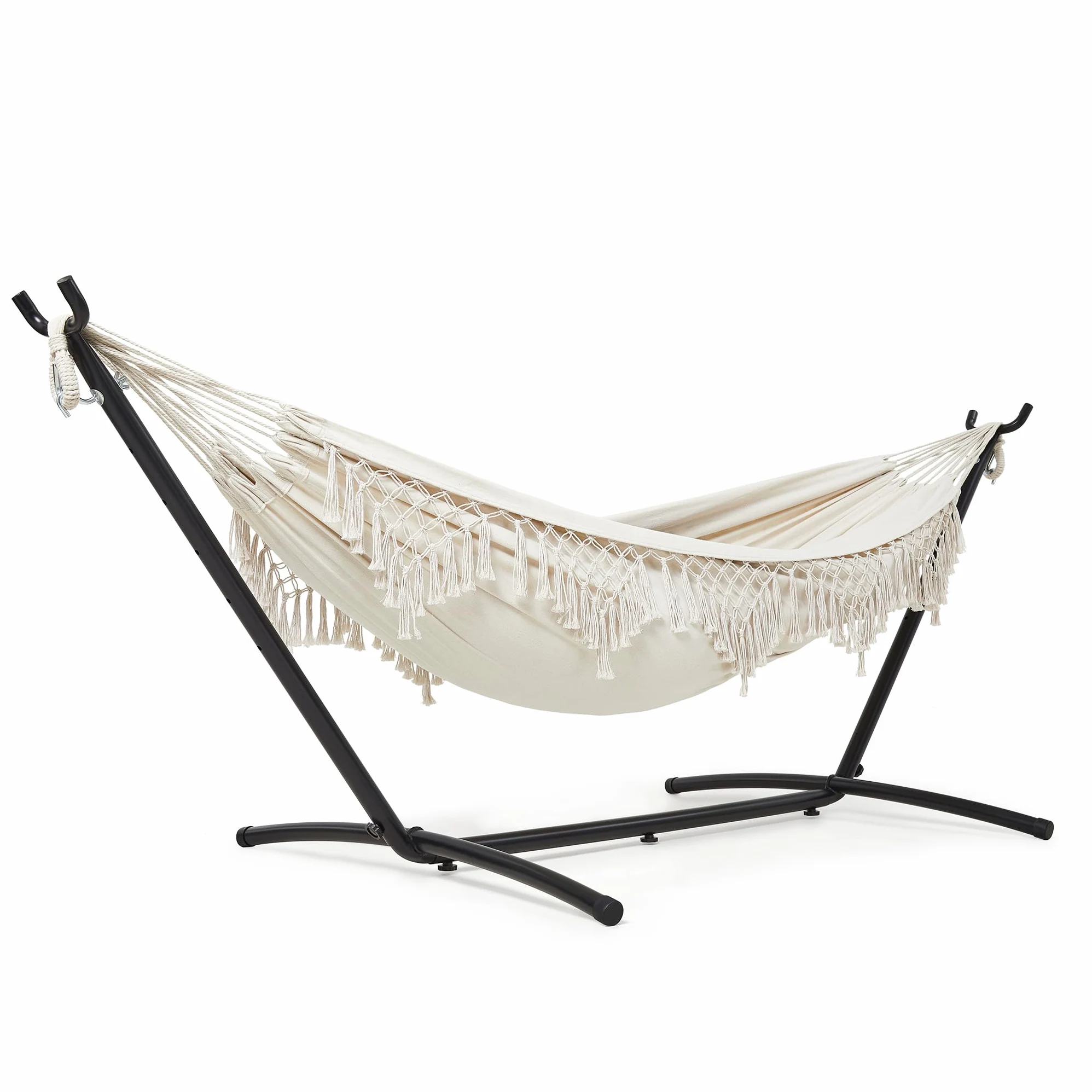 Mondeer Hamac Double avec Support, Bohème hamac sur Pied Portable avec Cadre Robuste Réglable, Adapté Terrasses Extérieures, Patios Jardins, Charge Maximale 200kg, Beige | Hamac de camping portable avec cadre en métal réglable et sac de transport, style b
