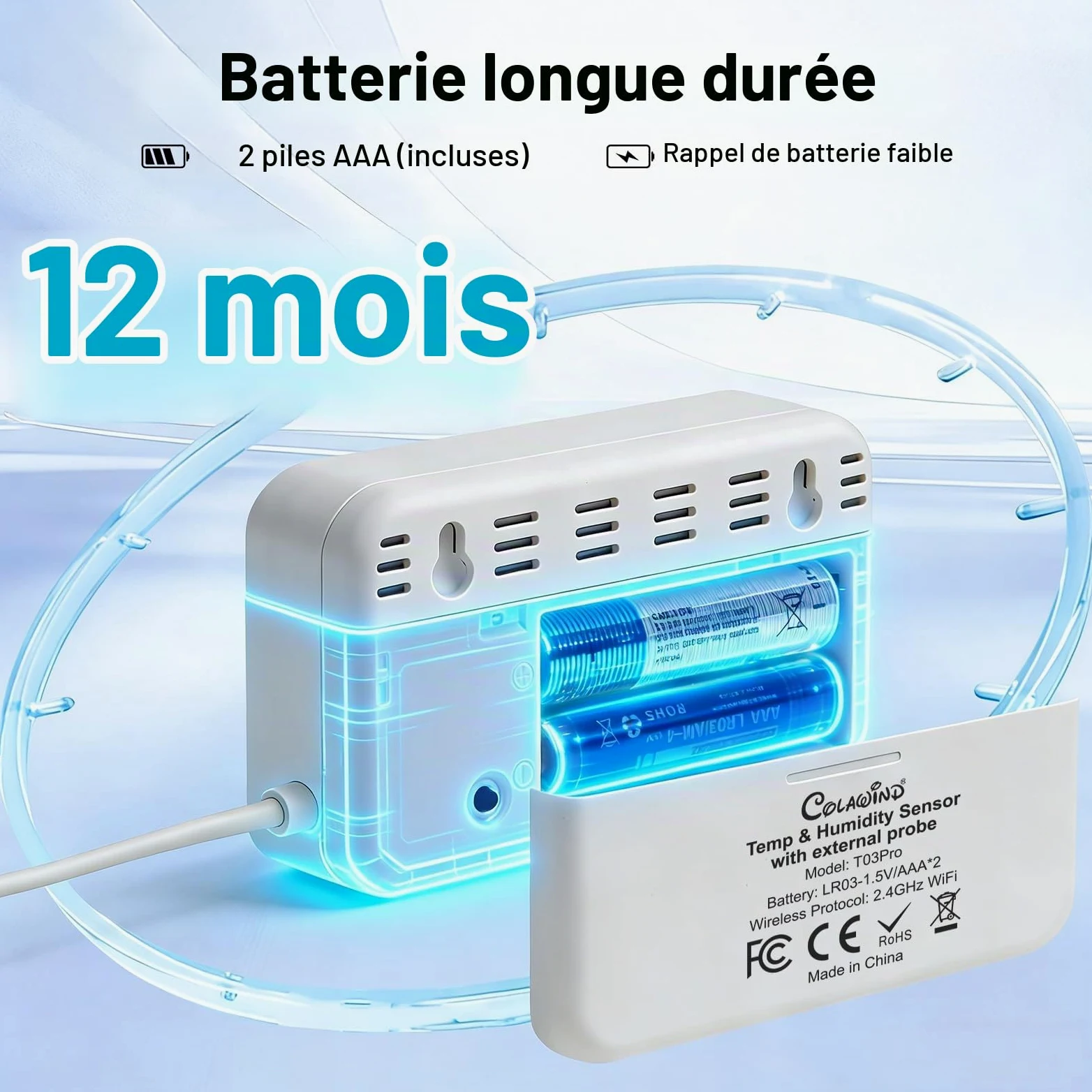 Thermomètre Hygromètre WiFi avec Sonde, Capteur Intelligent avec Alerte App | Capteur de Température et Humidité, Écran LCD, Stockage de Données, Idéal pour Frigo Réfrigérateur Aquarium Serre, Lot de 2