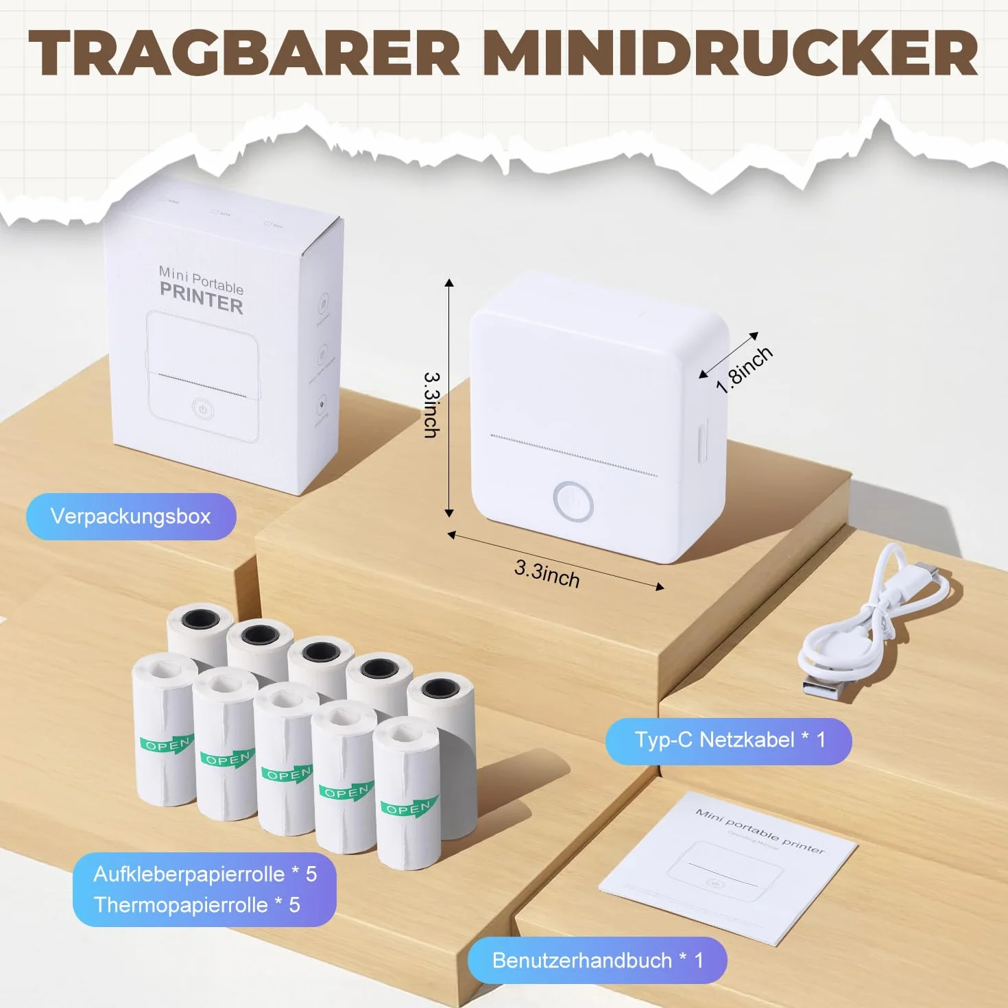 Mini imprimante photo portable Bluetooth avec 10 rouleaux de papier thermique, compatible iOS Android (blanc)