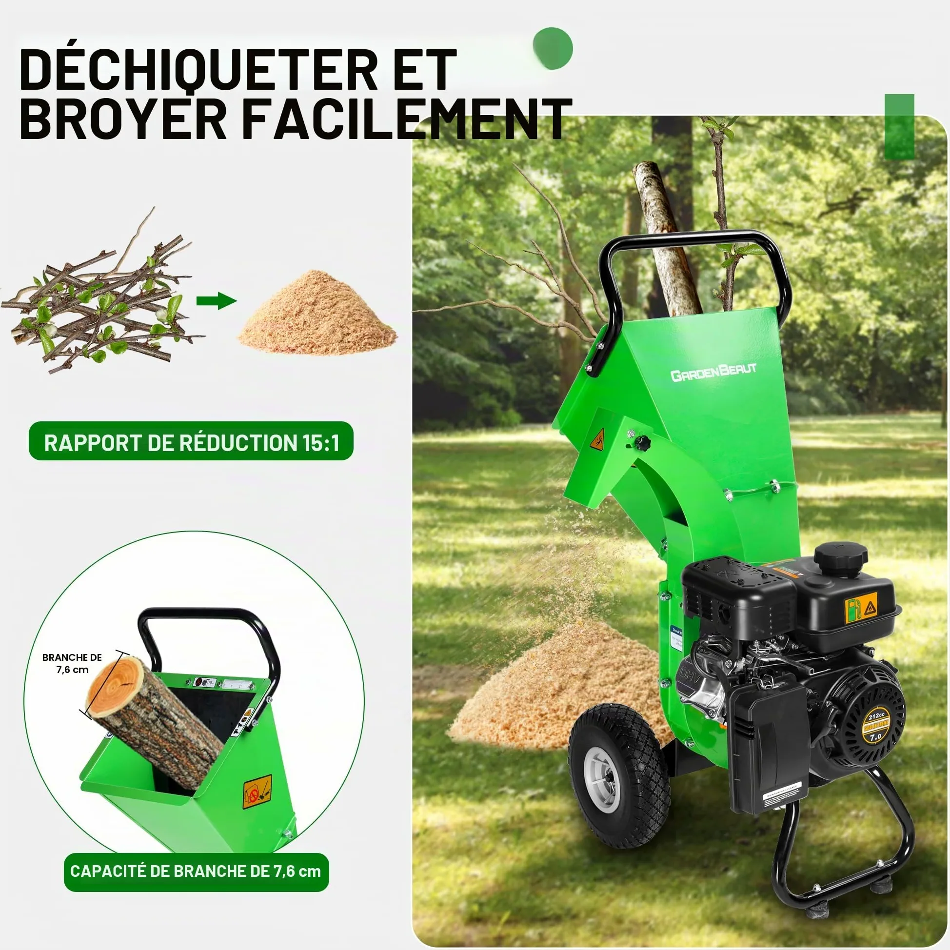 S3 Broyeur à bois, moteur à essence 4 temps 7 CV 212 cm³, épaisseur de branche max. 76 mm