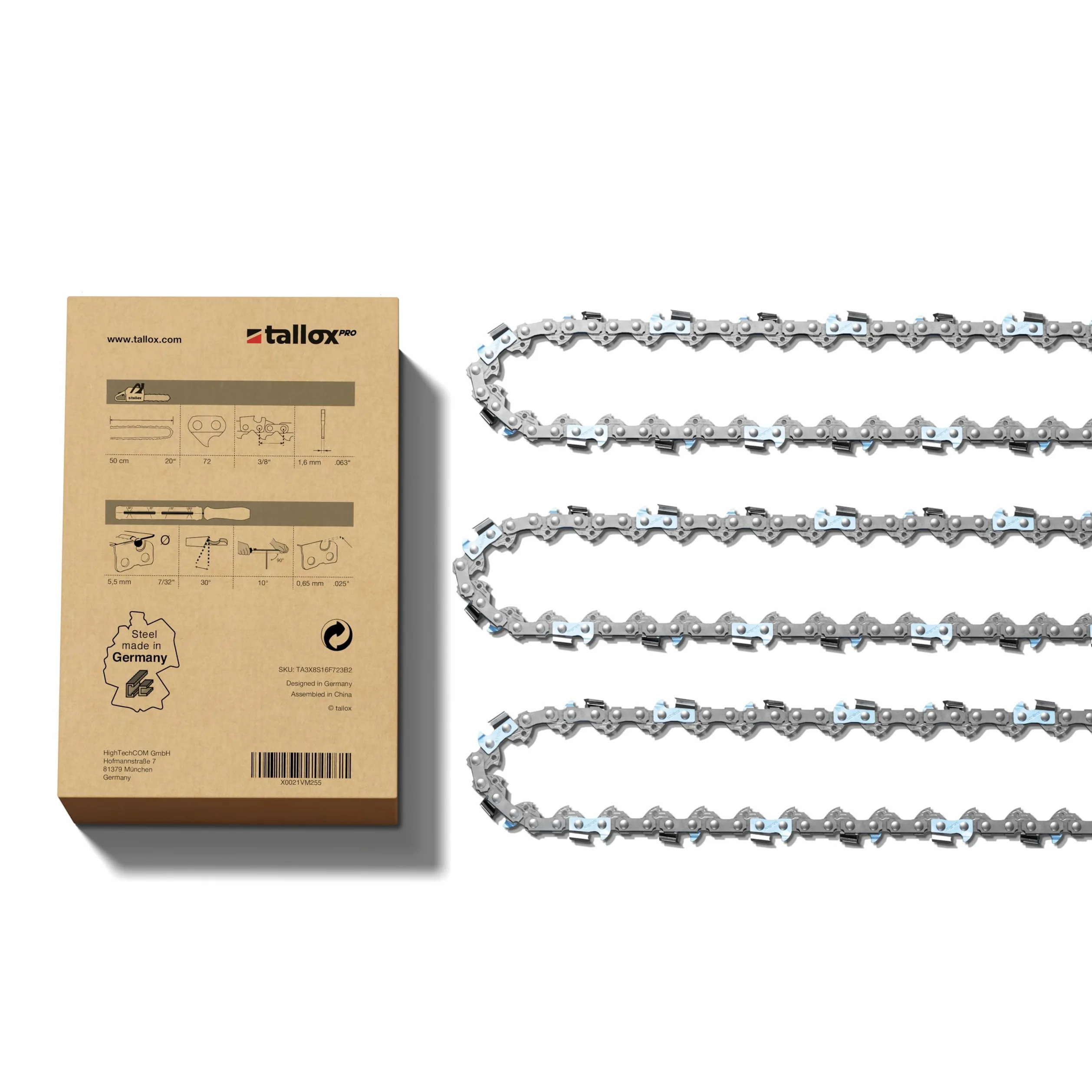 3 chaînes de scie professionnelles Tallox, pas de 3/8", jauge 1,6 mm, 72 maillons d'entraînement, pour guide de 50 cm, compatibles avec les tronçonneuses Stihl