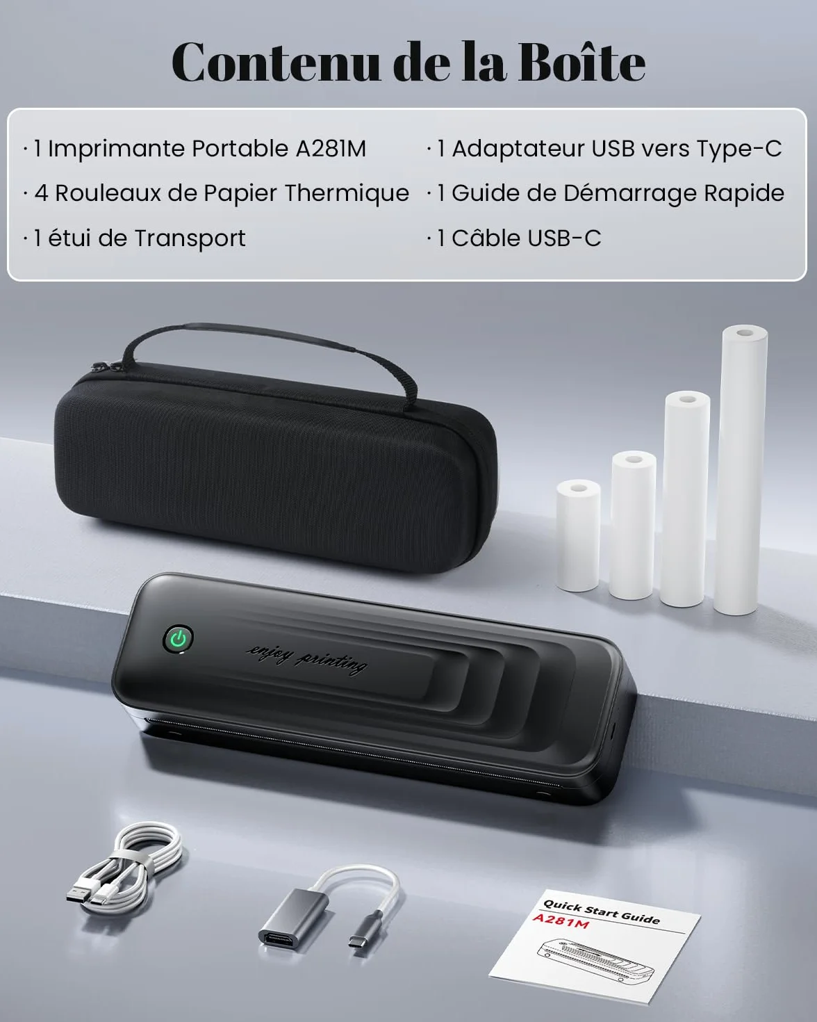 TATTMUSE Imprimante Thermique A4 Portable Bluetooth sans Encre pour Voyage, Noir