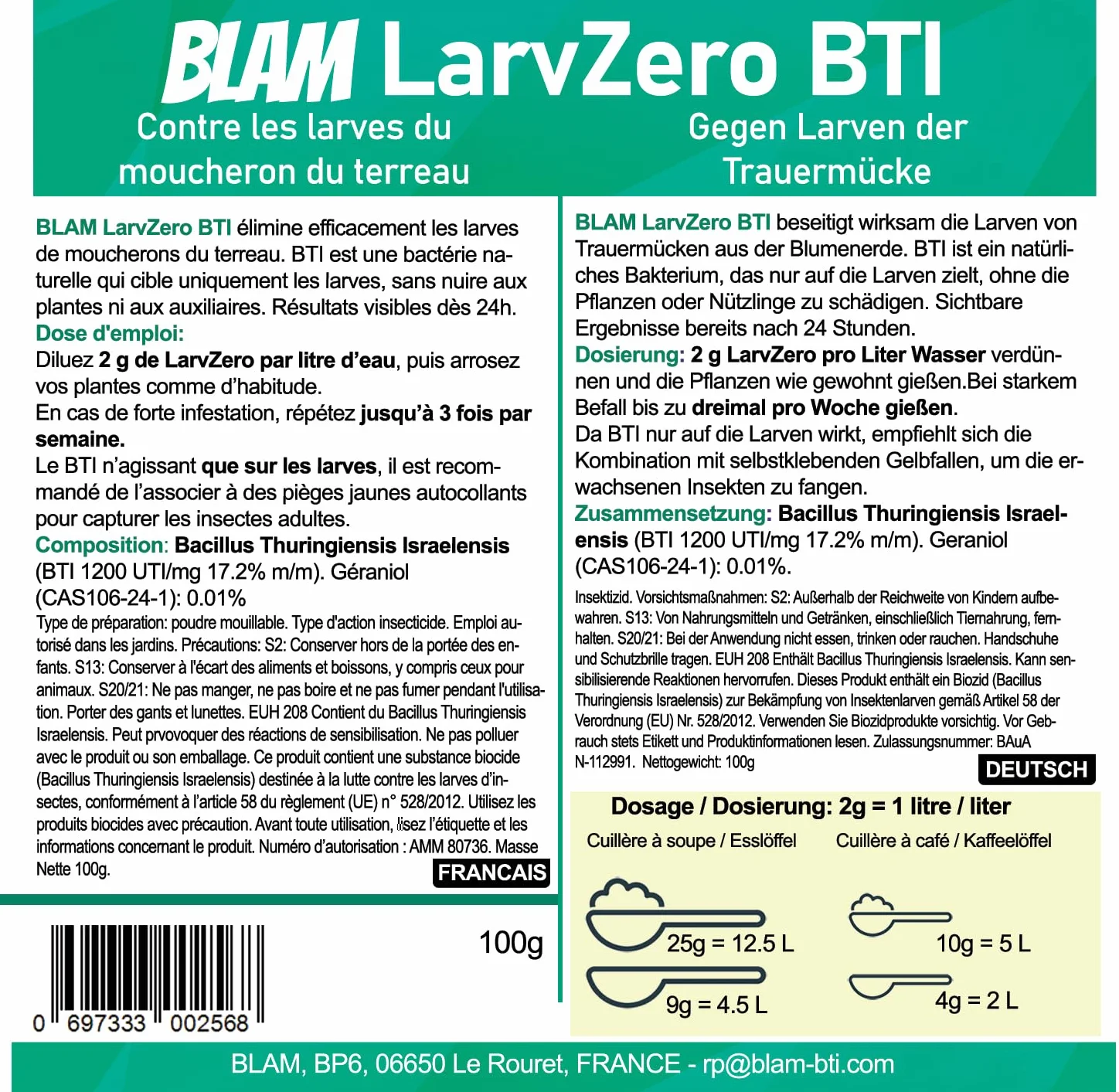 BLAM LarvZero BTI 100g – Larvicide naturel contre les mouches du terreau (Sciaridae) – Bacillus Thuringiensis Israelensis concentré pour 50L de solution
