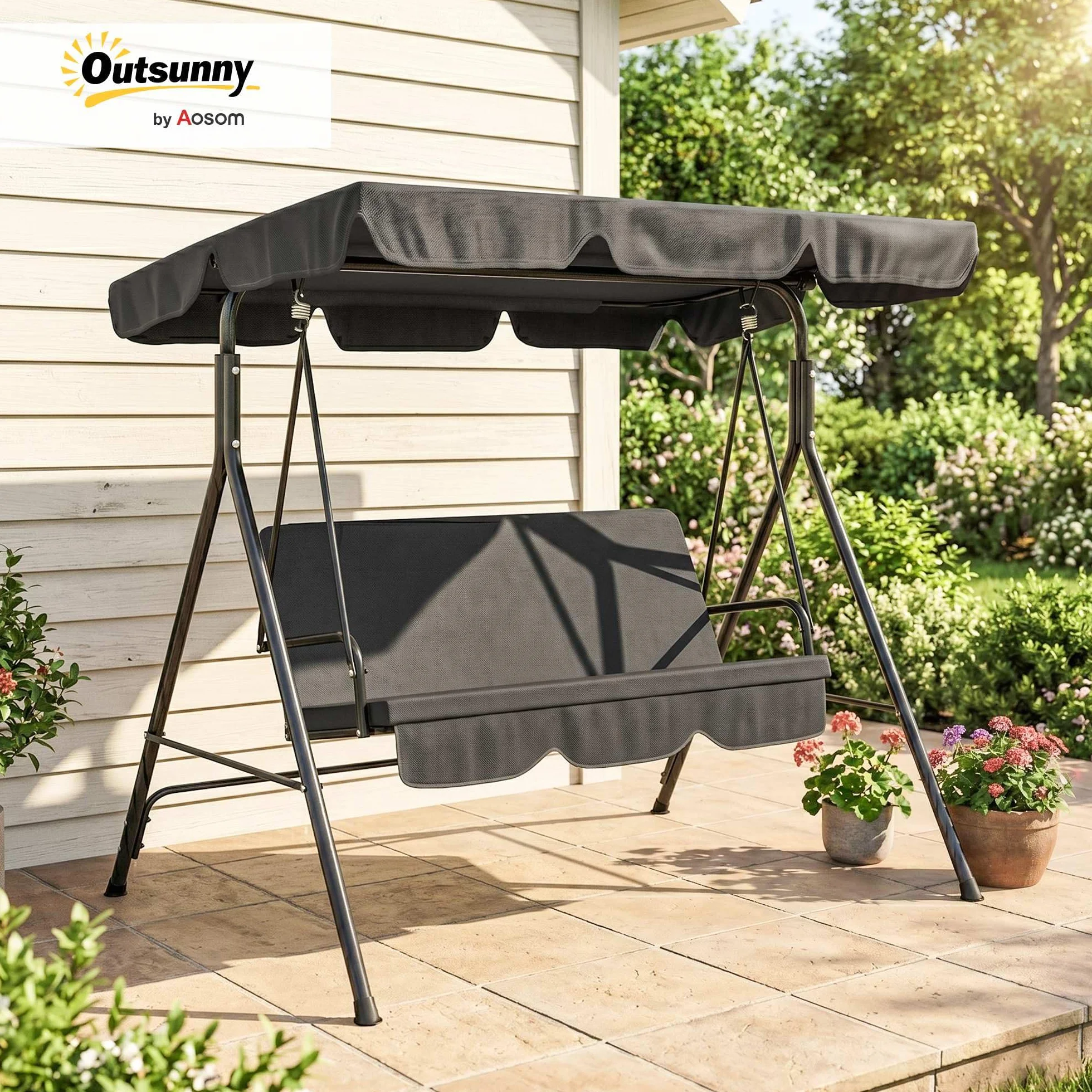 Outsunny Balancelle de Jardin 3 Places Toit Inclinaison réglable Acier Noir