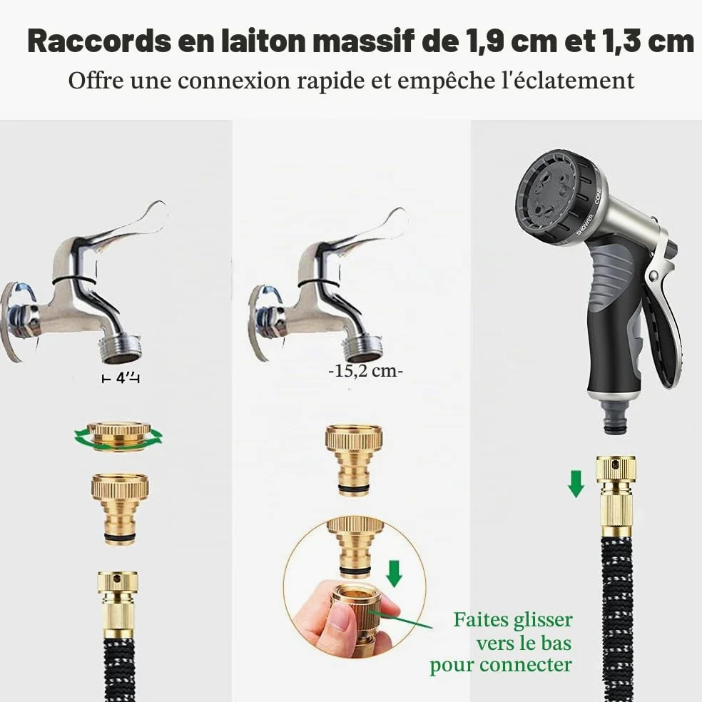 HmiL-U Tuyau d'arrosage extensible de 30 m avec double noyau en latex, raccords en laiton massif, buse de pistolet pulvérisateur en métal, noir, 1