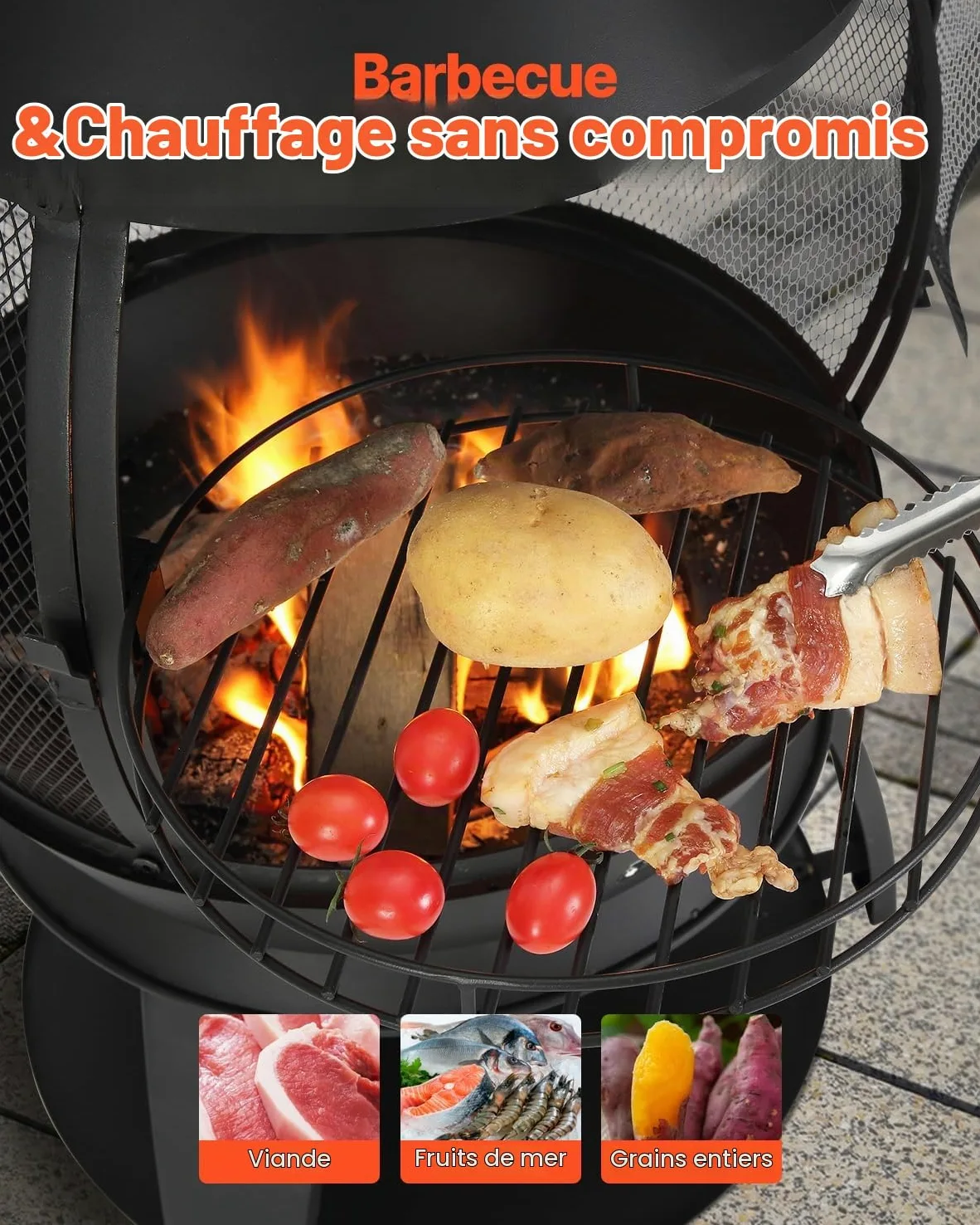 VEVOR Cheminée Extérieur, 559 mm, Poêle à Bois Sphérique en Fer Robuste pour Barbecue et Réchauffer, avec Grille, Couvercle de Cheminée Antirouille, pour Patio, Jardin, Arrière-Cour, en Plein Air