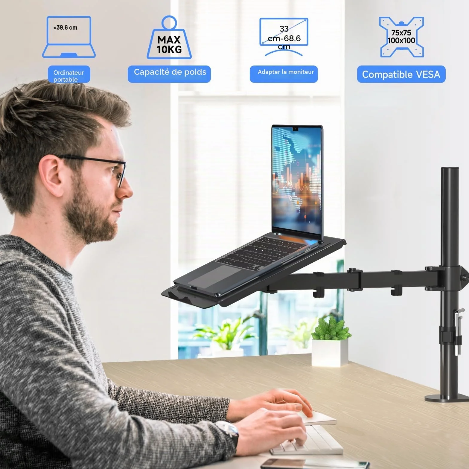 Suptek Support Écran PC avec Plateau pour Ordinateur Portable, Support Moniteur LCD/LED, Rehausseur d'Écran Bureau