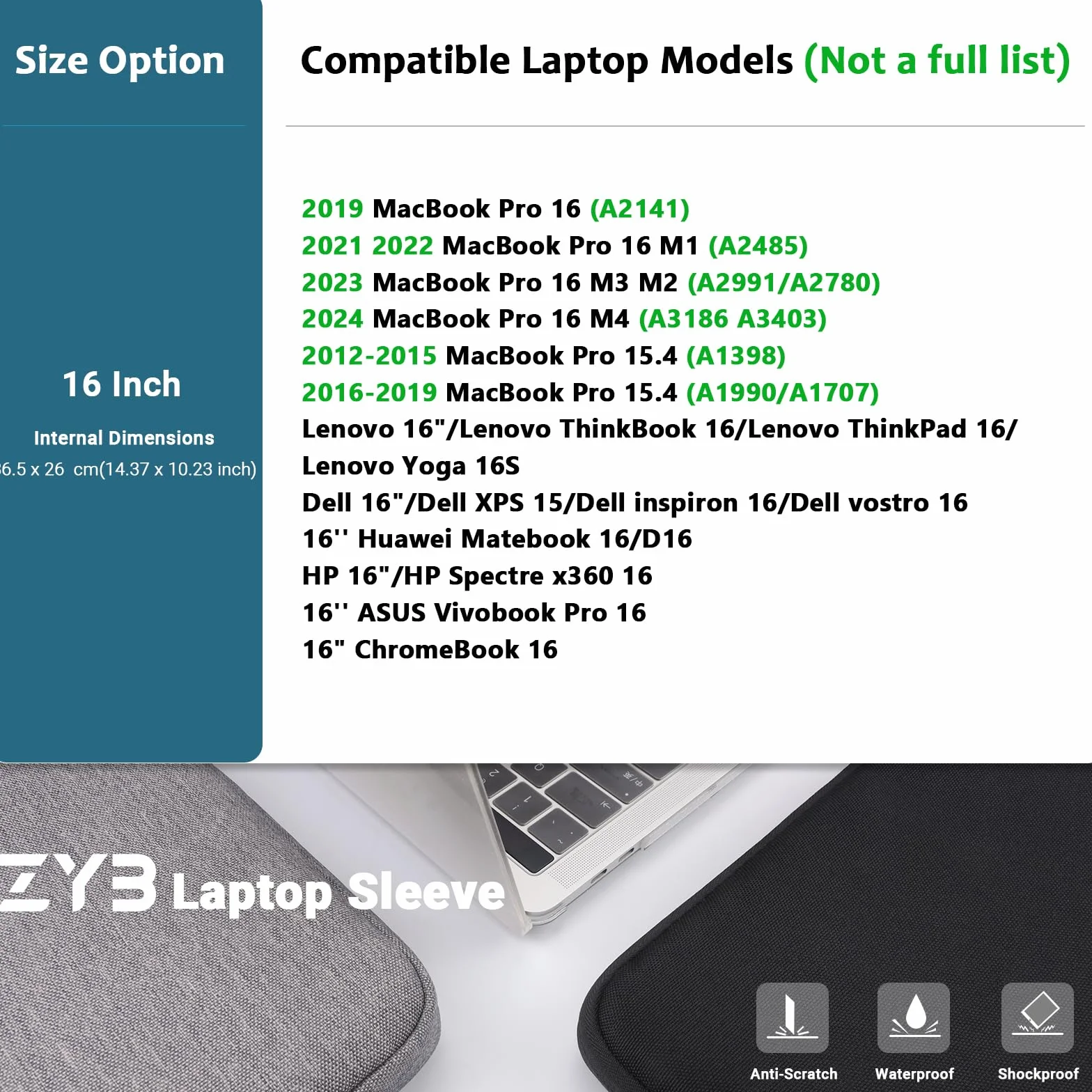 Housse Ordinateur 16 Pouces Étanche pour MacBook Pro 16 Lenovo HP ASUS Dell Samsung Noir