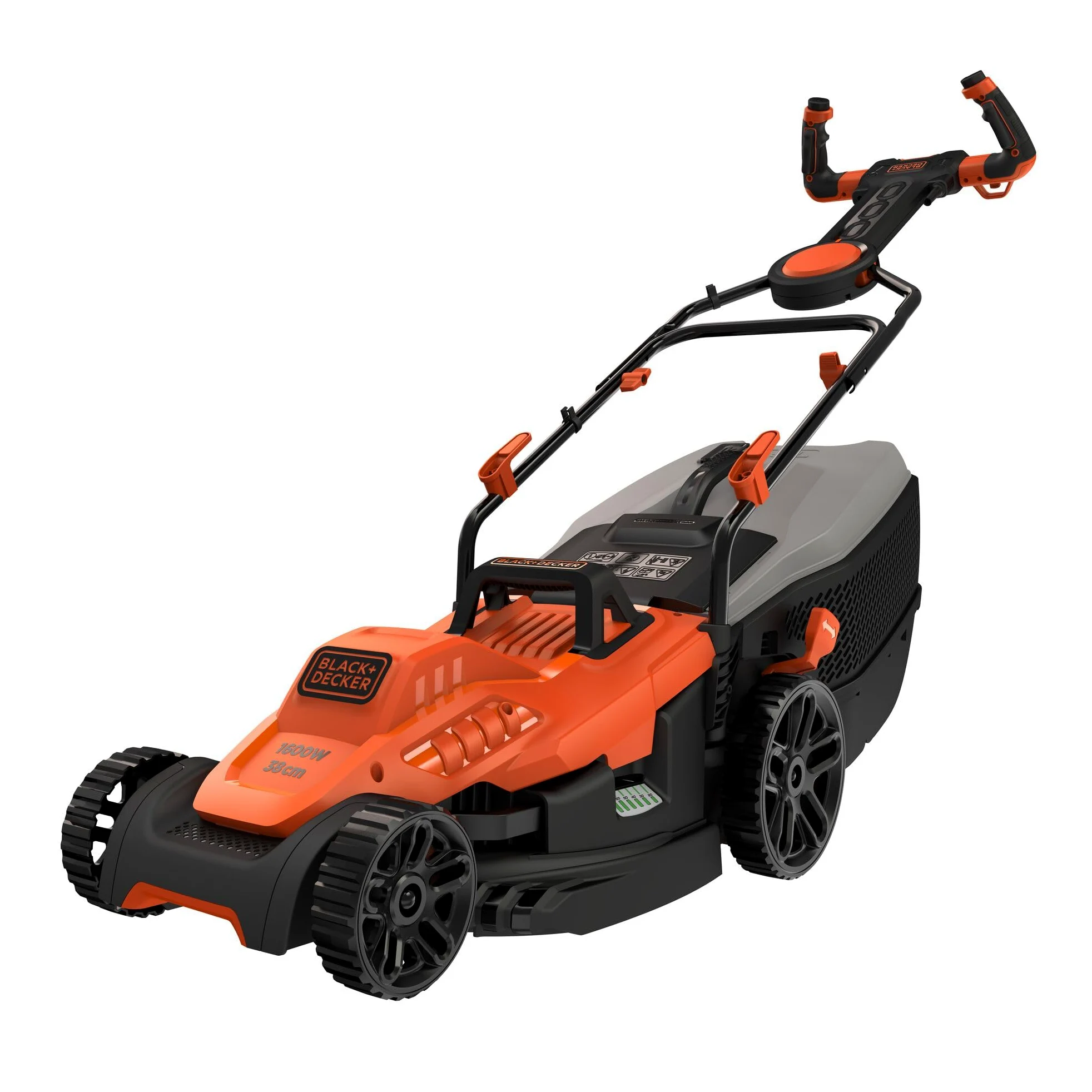 BLACK+DECKER Tondeuse Filaire 1600W, Tondeuse à Gazon Electrique 38 cm, 6 hauteurs réglables 20, 30, 40, 50, 60 et 70 mm, Tondeuse avec Poignée EASYSTEER 3 Positions, BEMW471ES-QS Orange