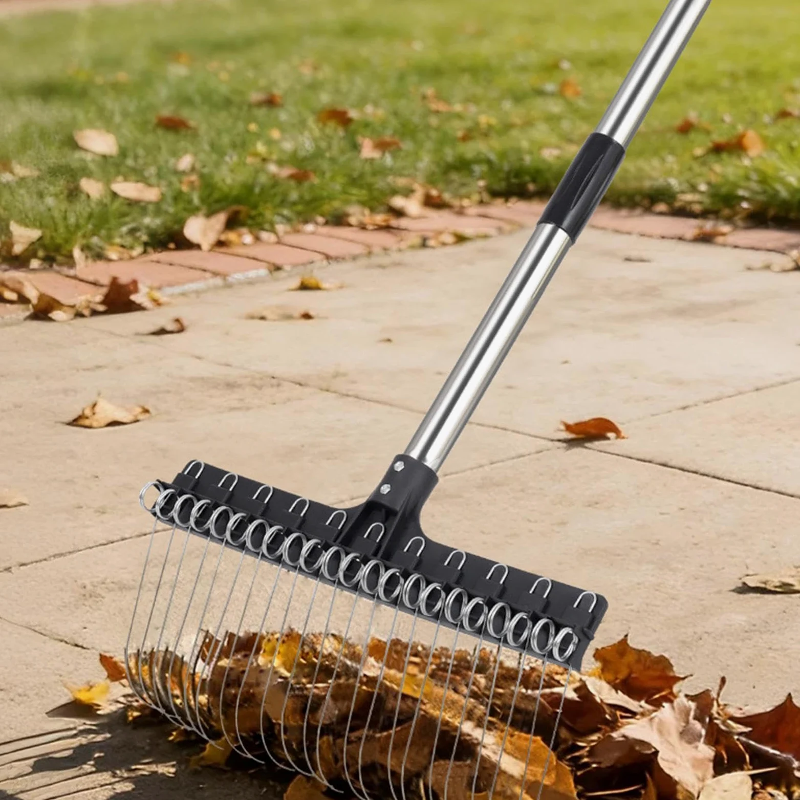 Râteau de jardin Dents En Acier Larges Manche Long Réglable De 98 À 160 Cm | Râteau de Jardin Robuste pour feuilles jardinage cour pelouse arbustes paillis débris aiguilles de pin ramassage et net