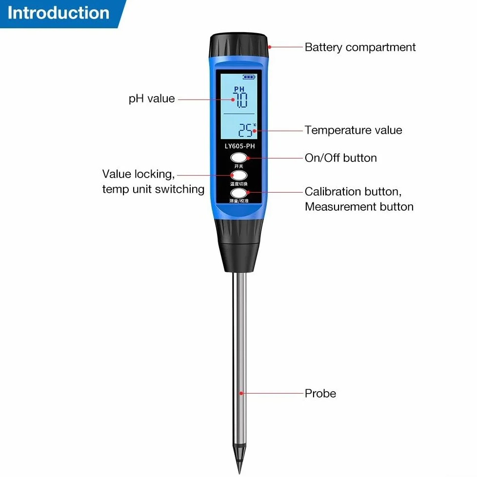 Testeur numérique de sol haute précision pour analyse du pH et de l'humidité avec écran LCD transparent, construction en métal, résultats rapides pour utilisation dans le jardin, l'agriculture et la