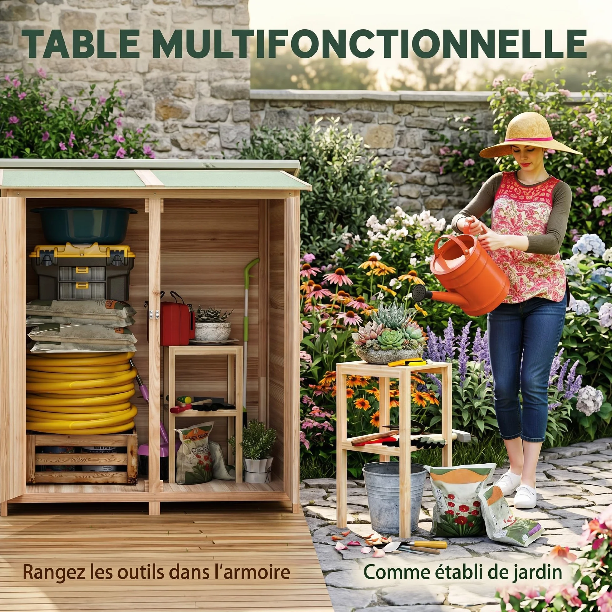 Outsunny Armoire de Jardin Cabane à Outils 2 Portes verrouillables Toit en Bitume imperméable Bois de Sapin 140x75x157 cm